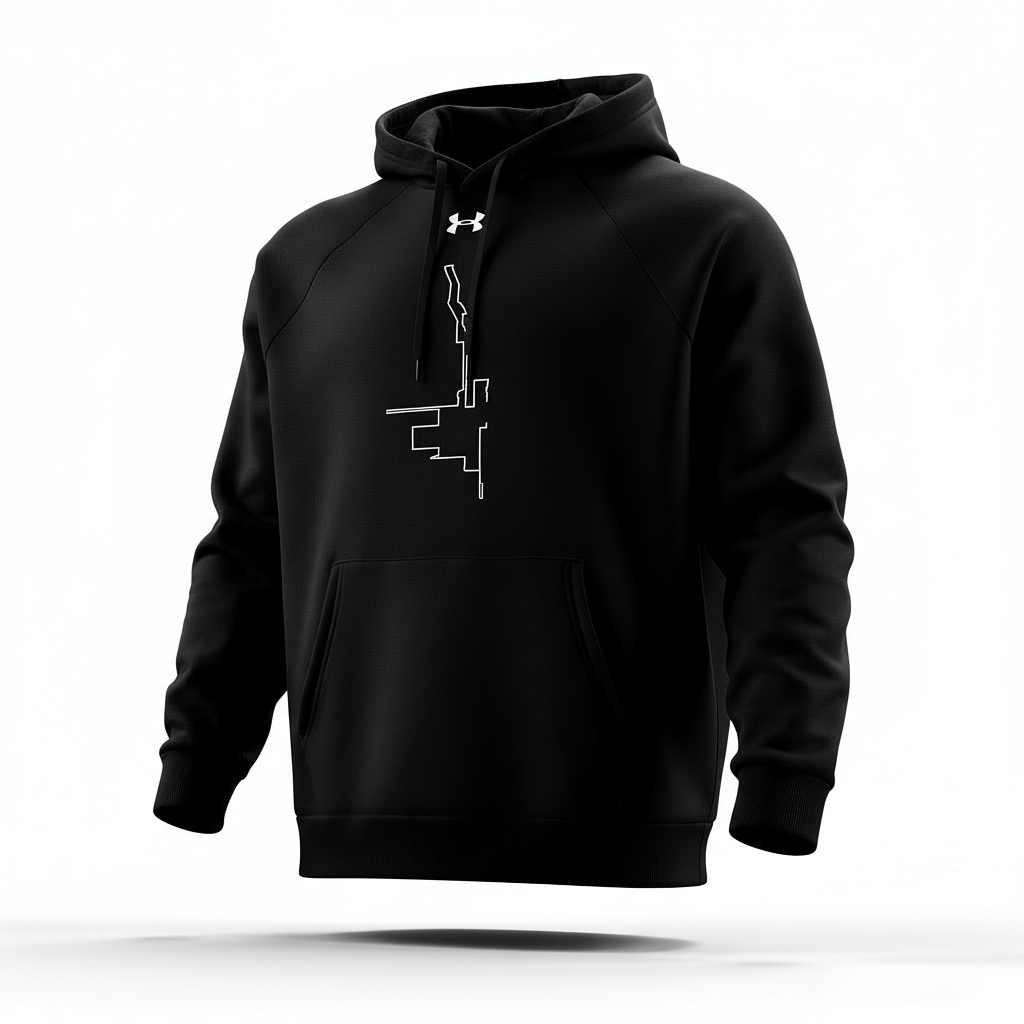 Black hoodie with a logo on a white background
