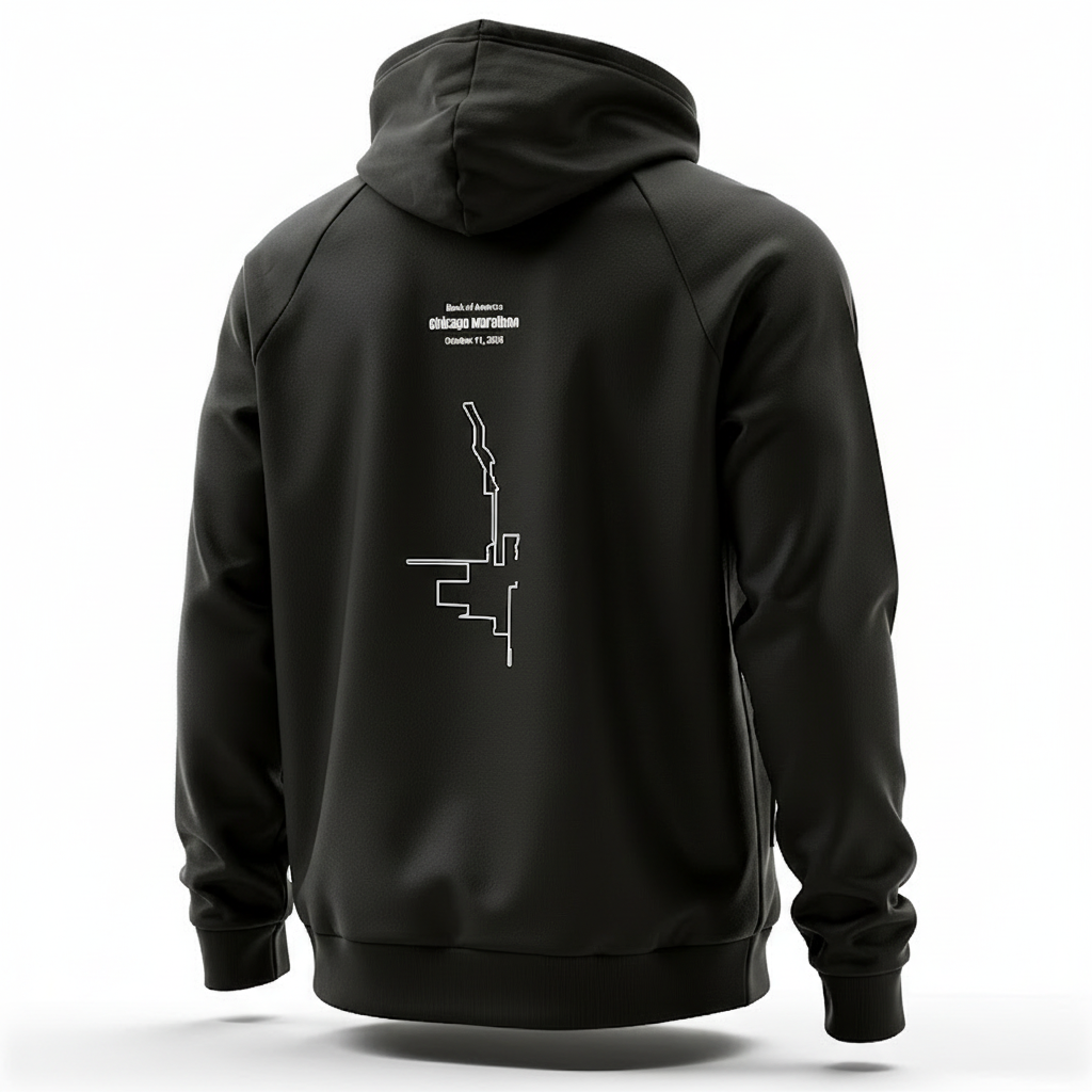 Black hoodie with white text and design on the back against a white background