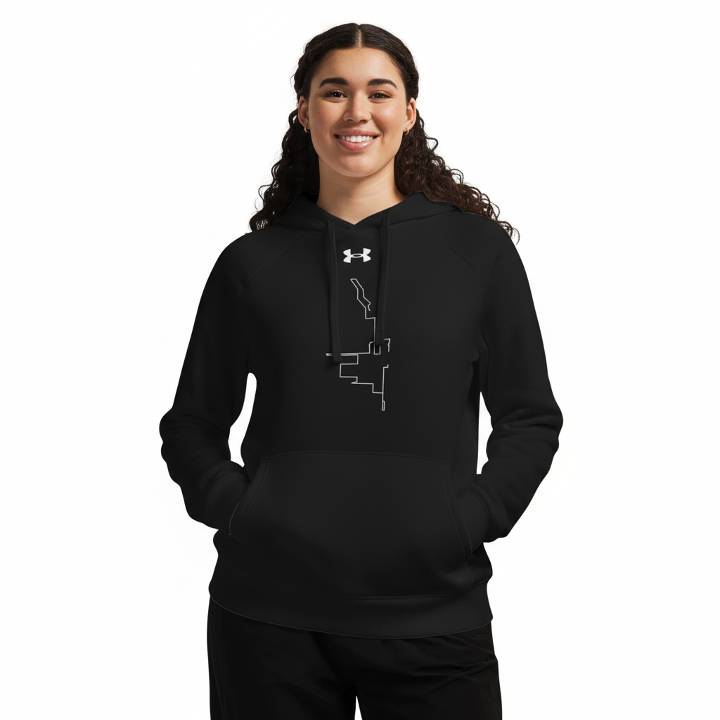 Person wearing a black hoodie with a logo on a white background