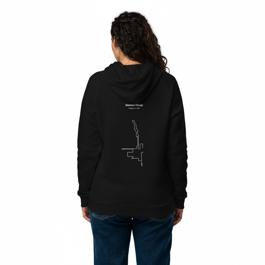 Person wearing a black hoodie with a map design on the back, standing against a white background
