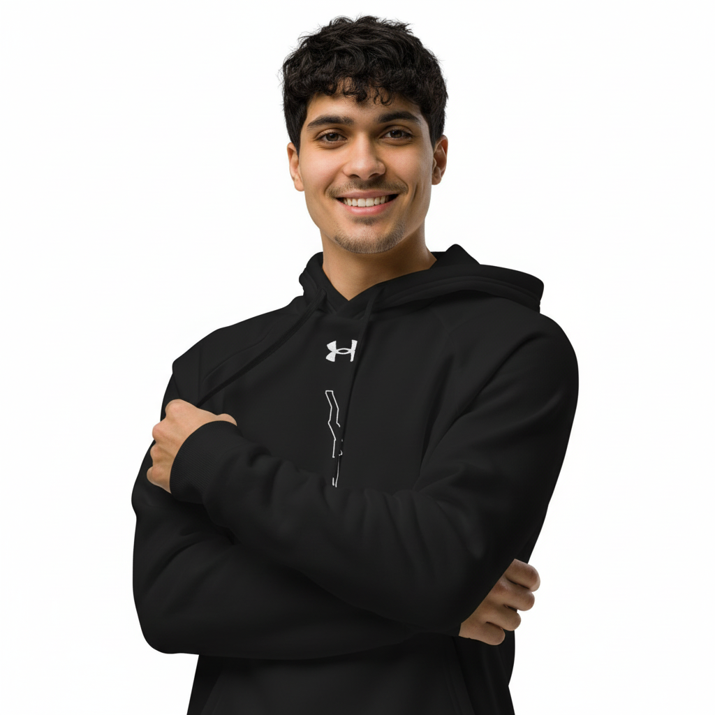 Man wearing a black Under Armour hoodie on a white background