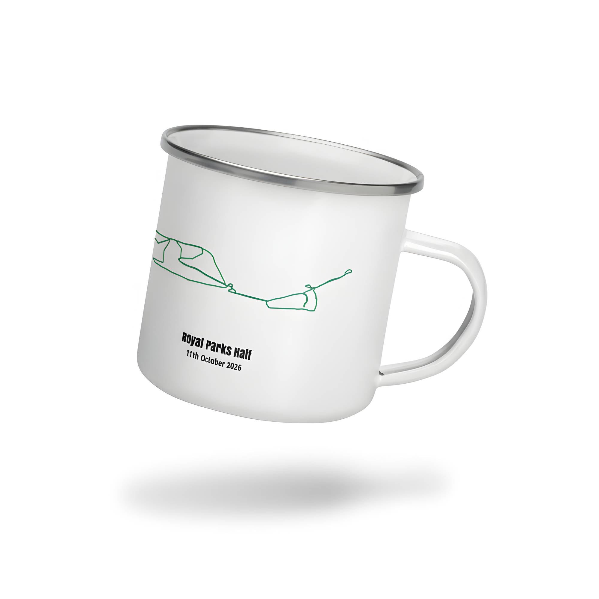 White mug with green custom Strava route print art design and text on a white background