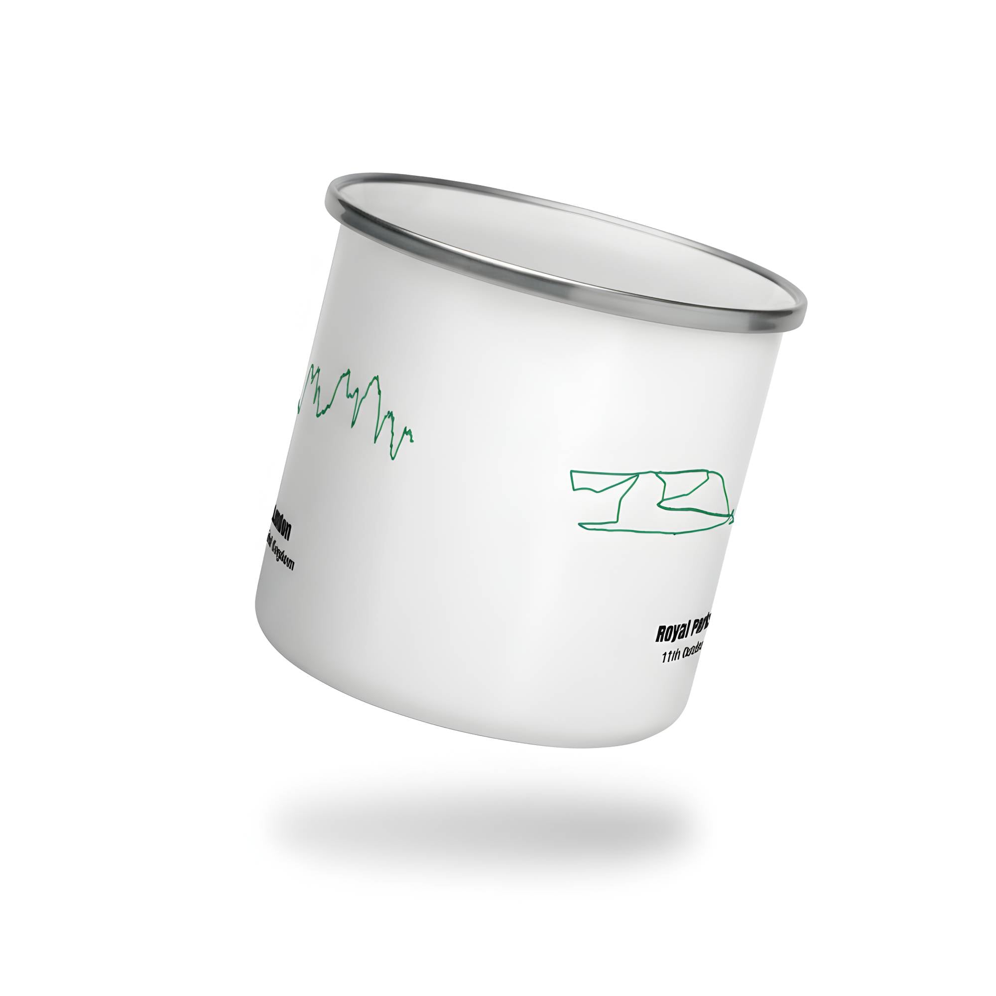 White metal cup with green and black text and custom Strava route print on a white background