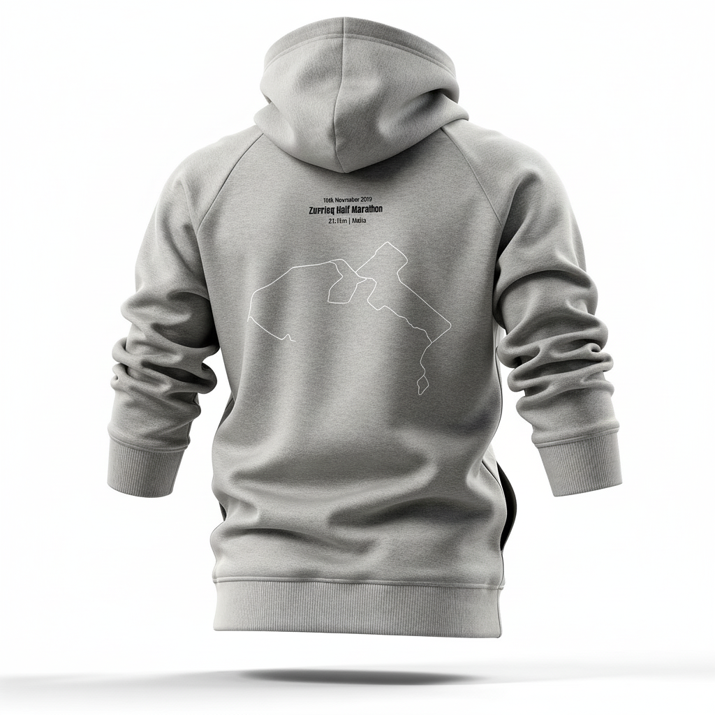 Gray hoodie with a map design and text on the back, on a white background