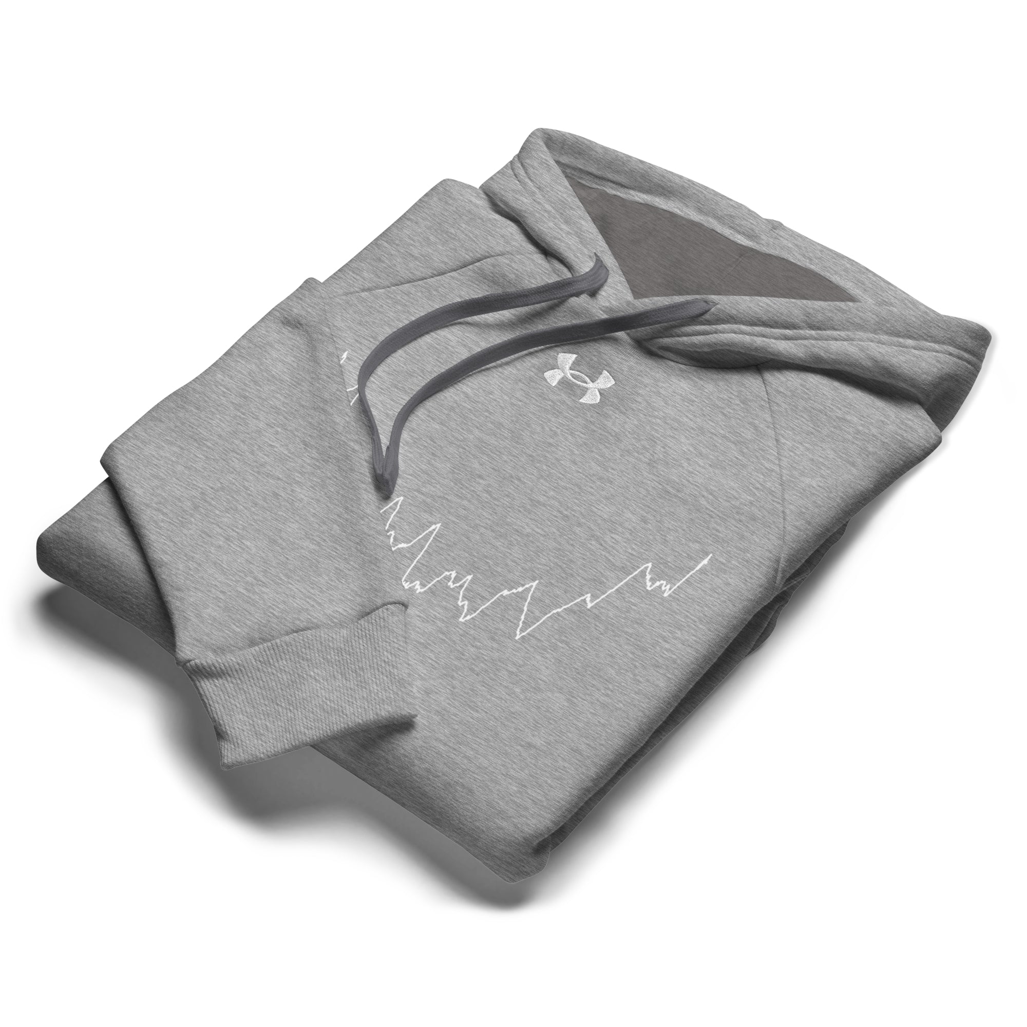 Folded gray hoodie with Under Armour logo on a white background