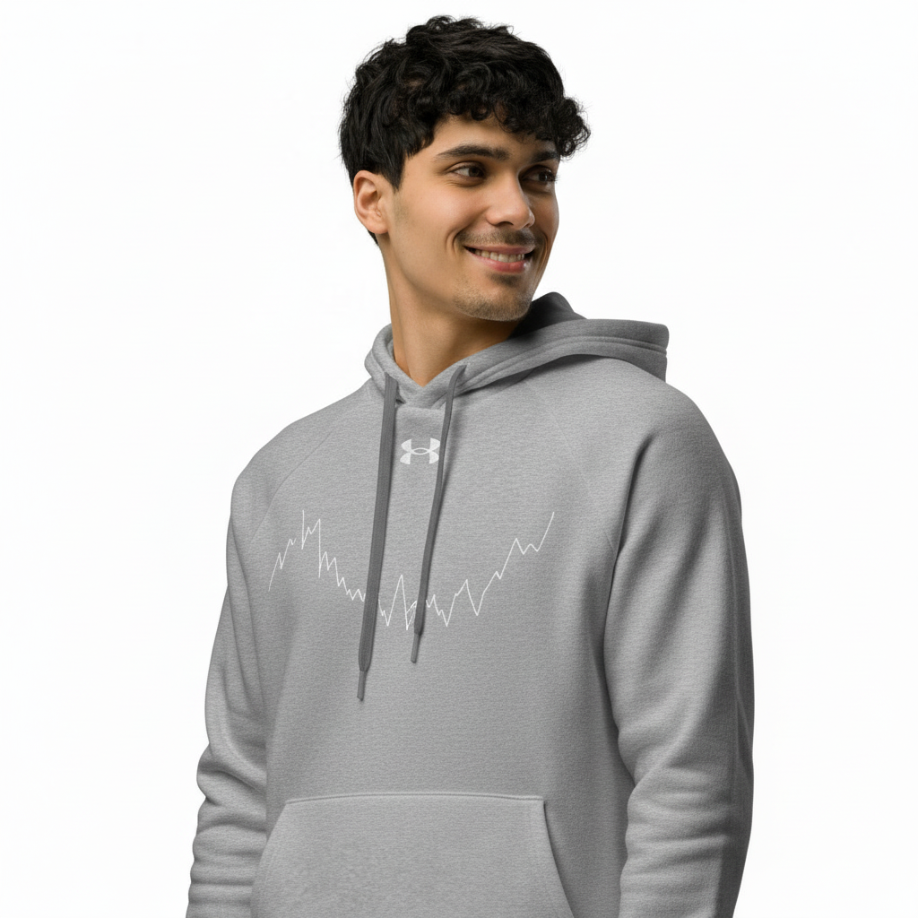 Man wearing a gray hoodie with Under Armour logo on a white background