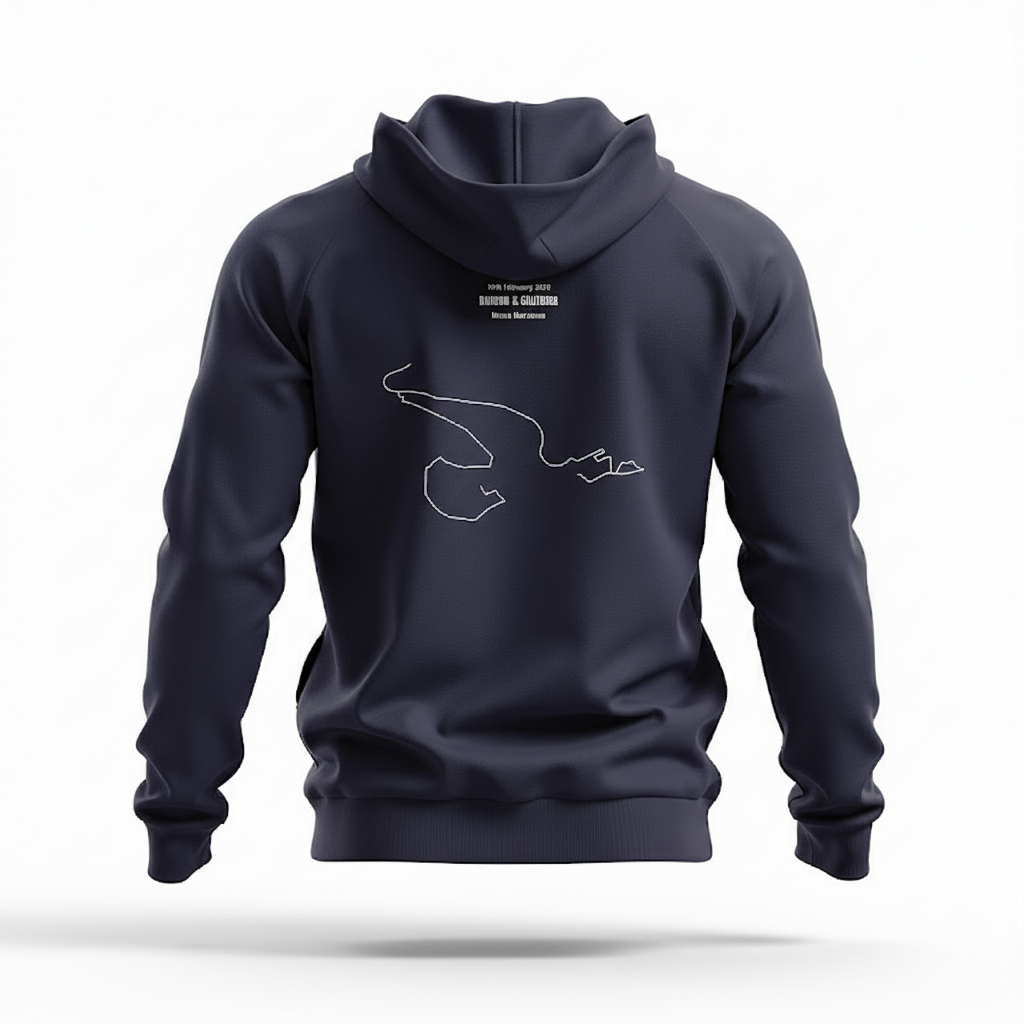Navy blue hoodie with a white graphic on the back against a white background