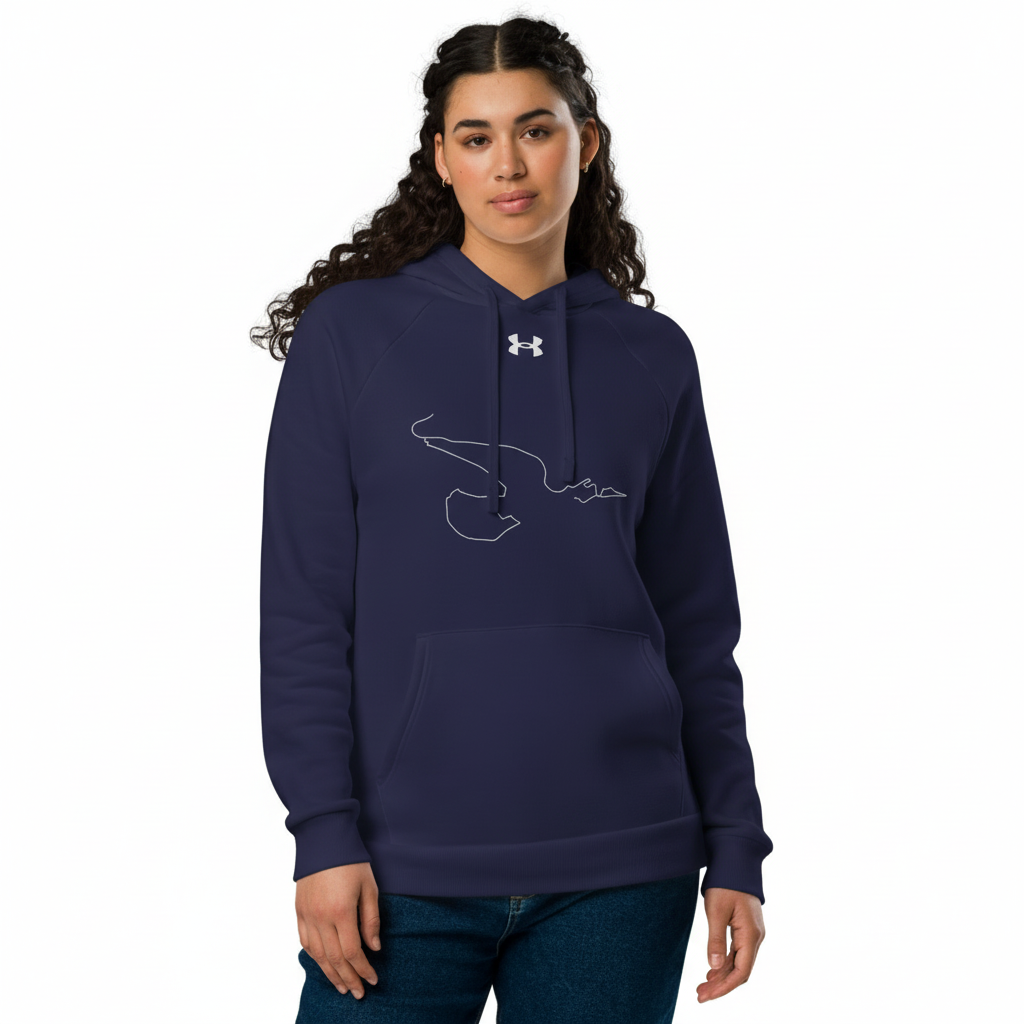 Person wearing a navy hoodie with a logo on a white background