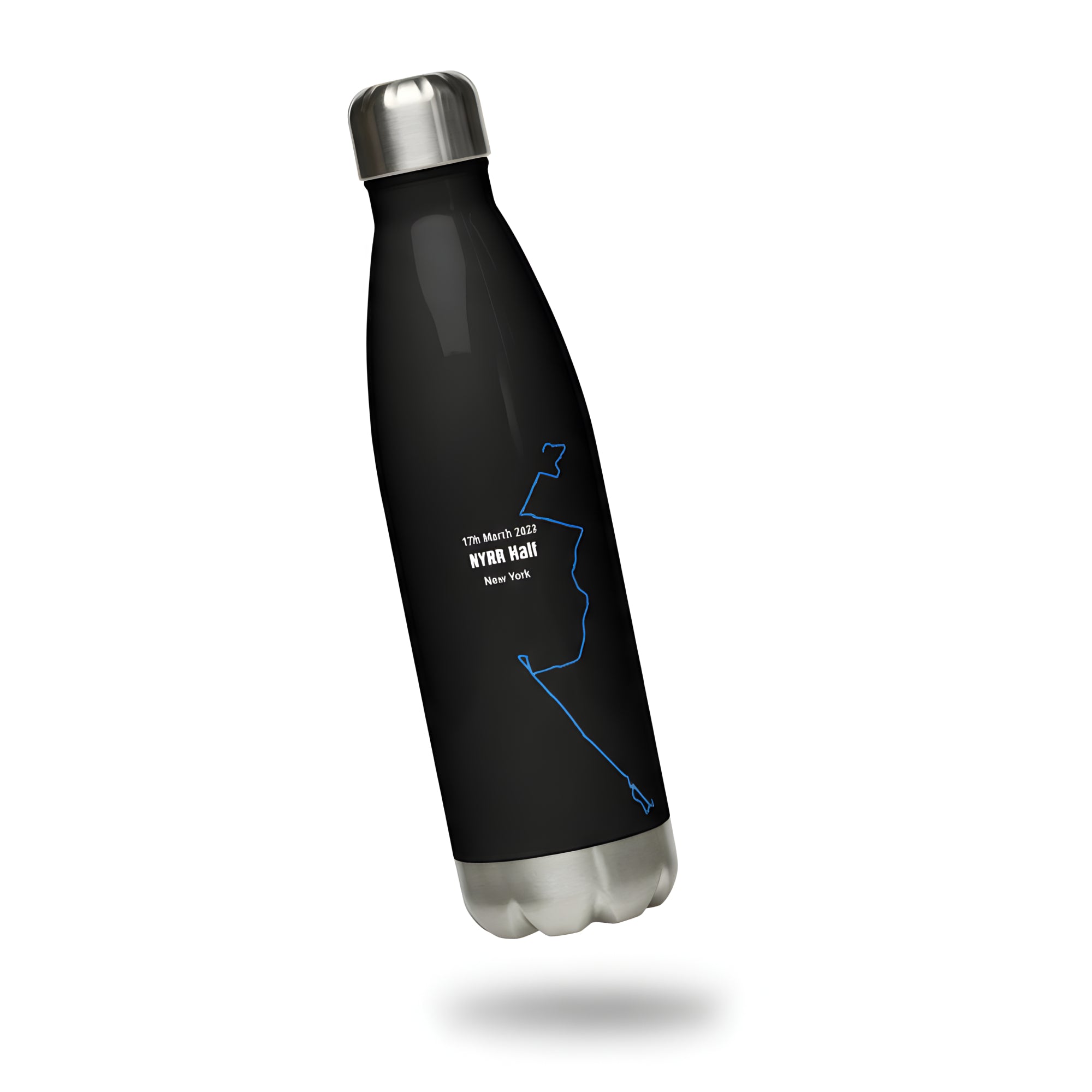 Black water bottle with blue custom Strava route print art on a white background#color_black