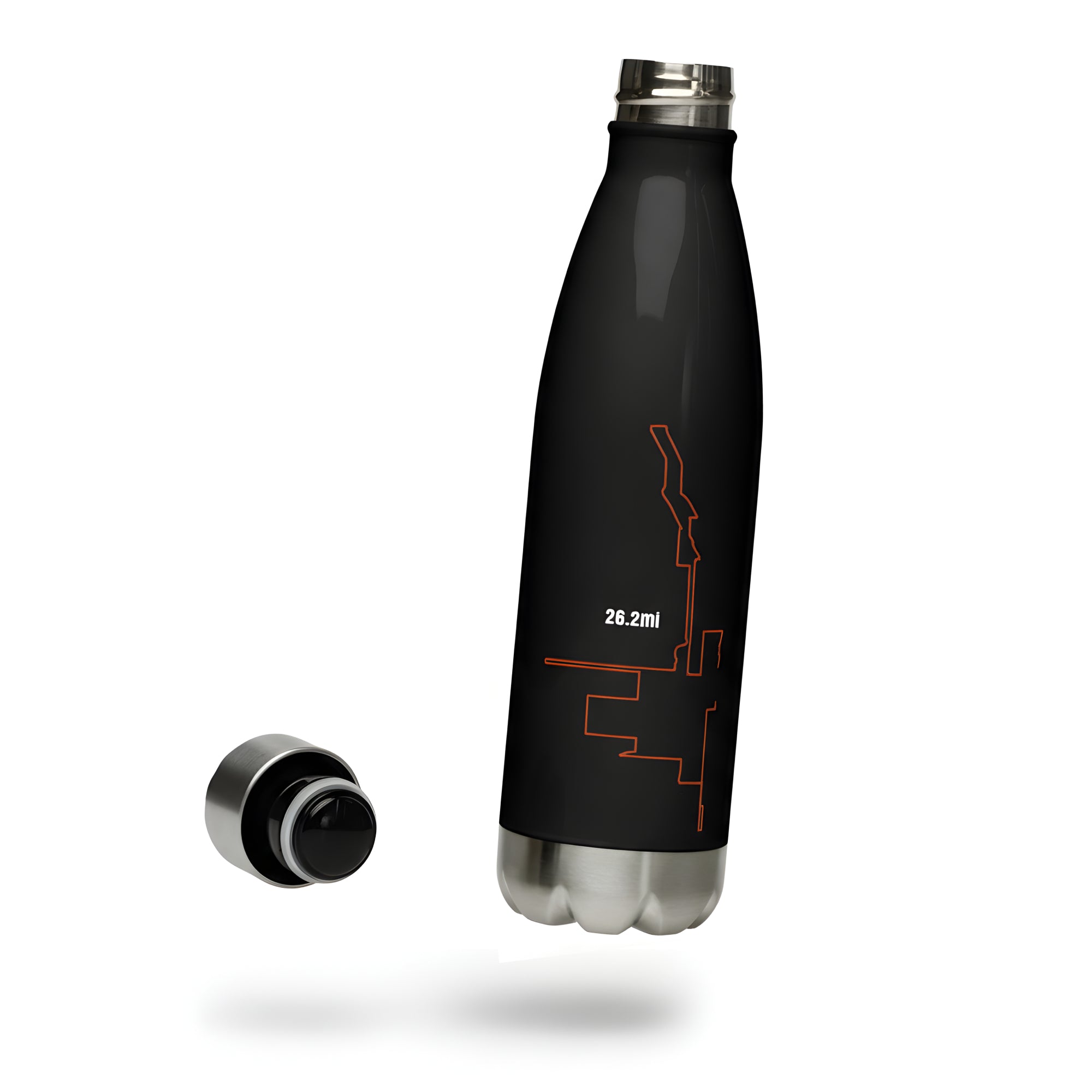 Black water bottle with red custom Strava print art design and silver cap on a white background