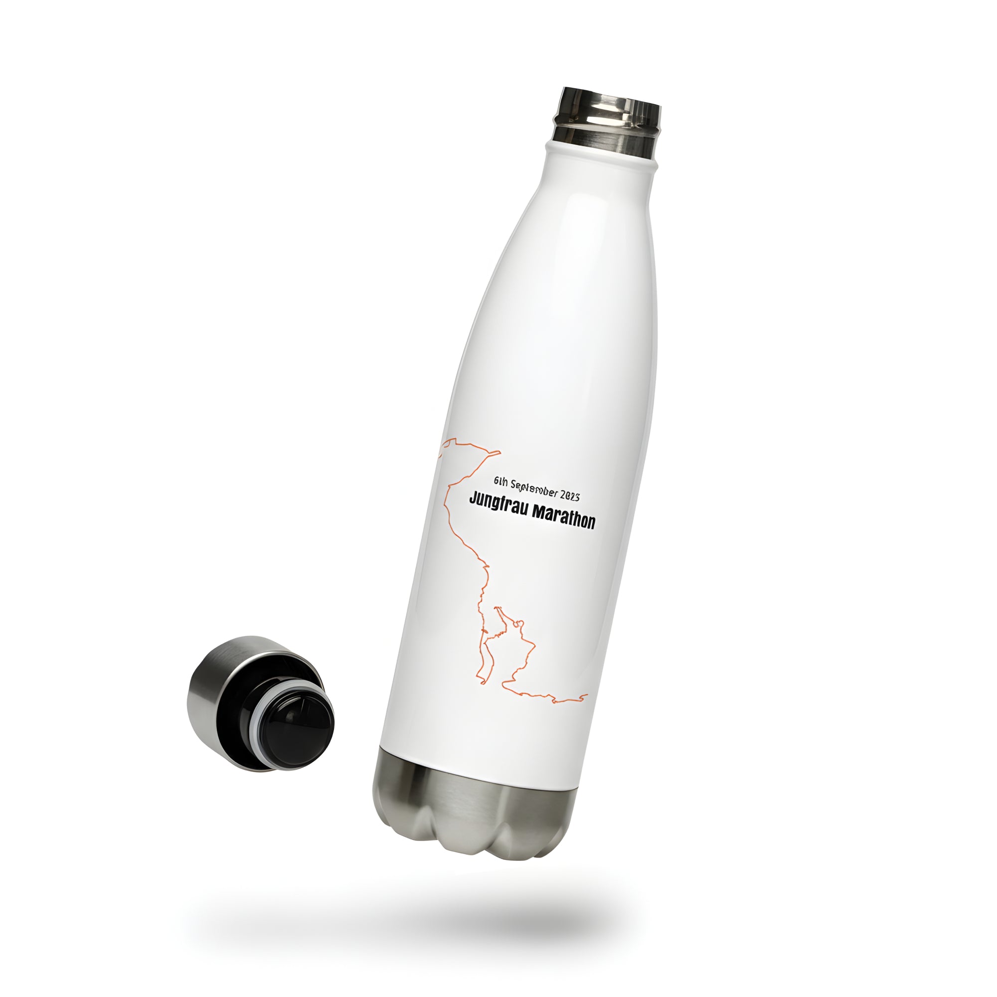 White insulated bottle with a custom Strava print art design on a white background
