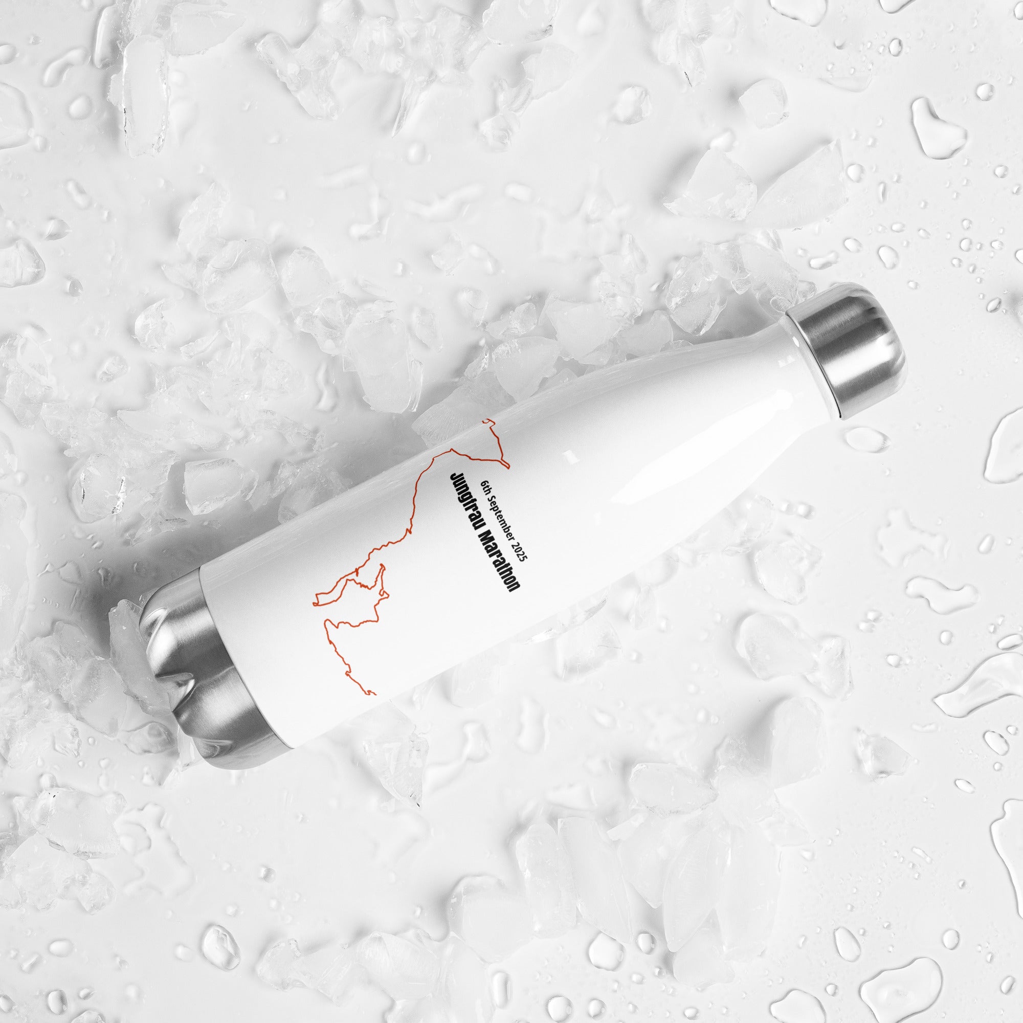 White water bottle with a custom Strava print art design on a textured white background