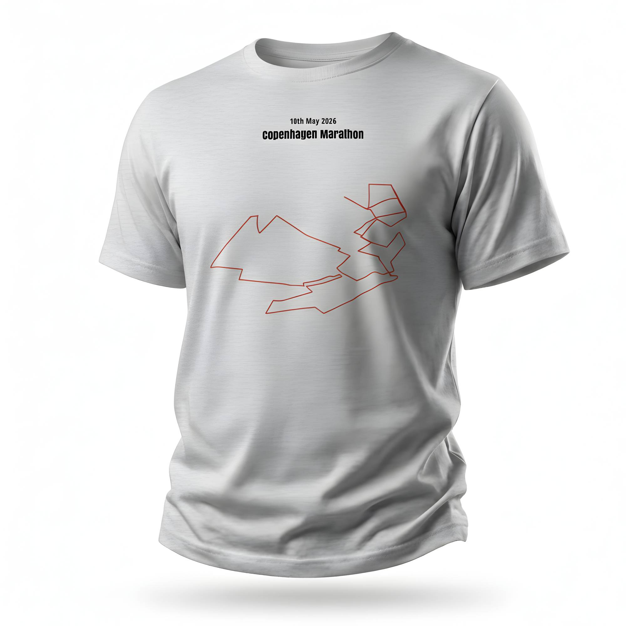 White t-shirt with red custom Strava route print design and text on a white background