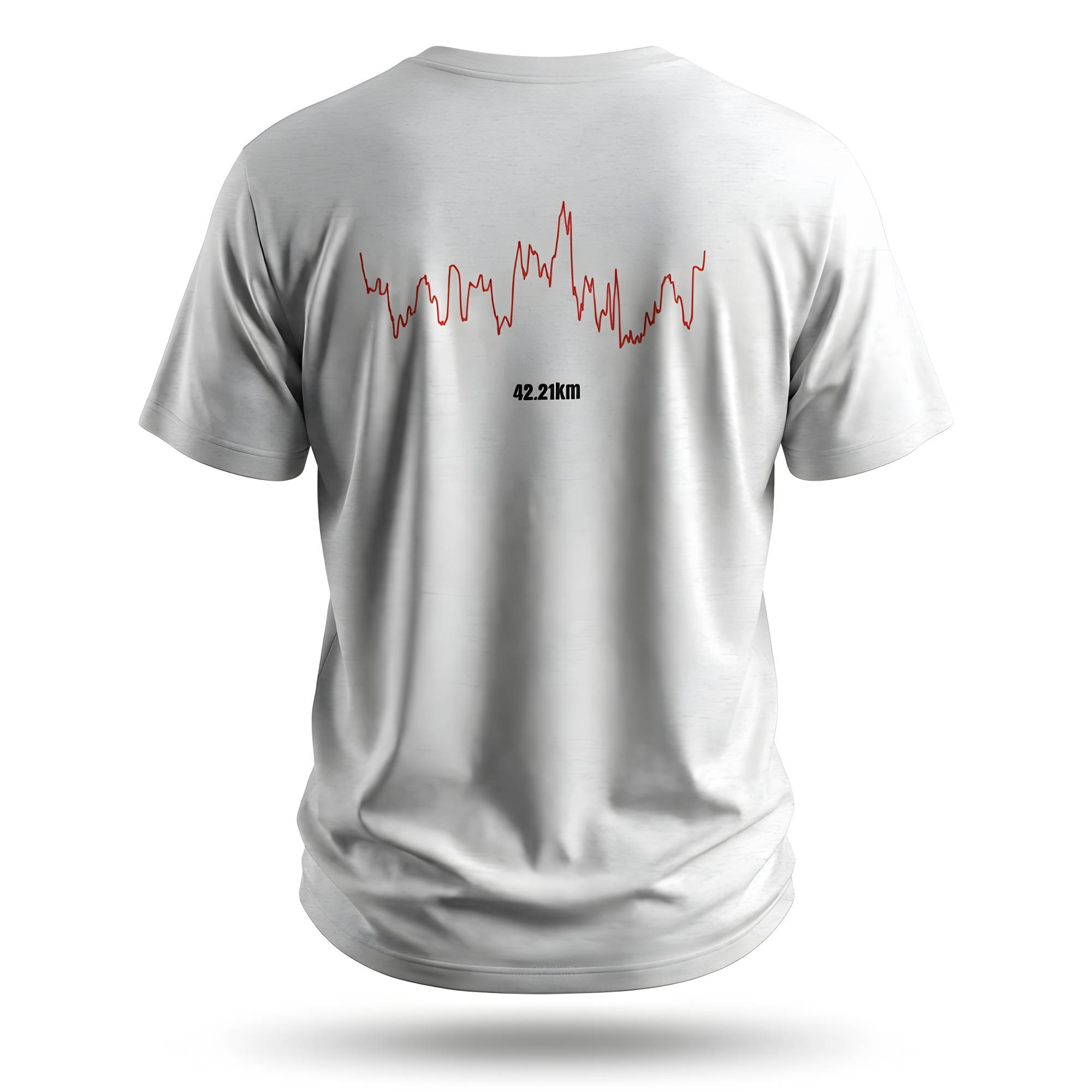 White t-shirt with red custom Strava route print design on the back against a white background