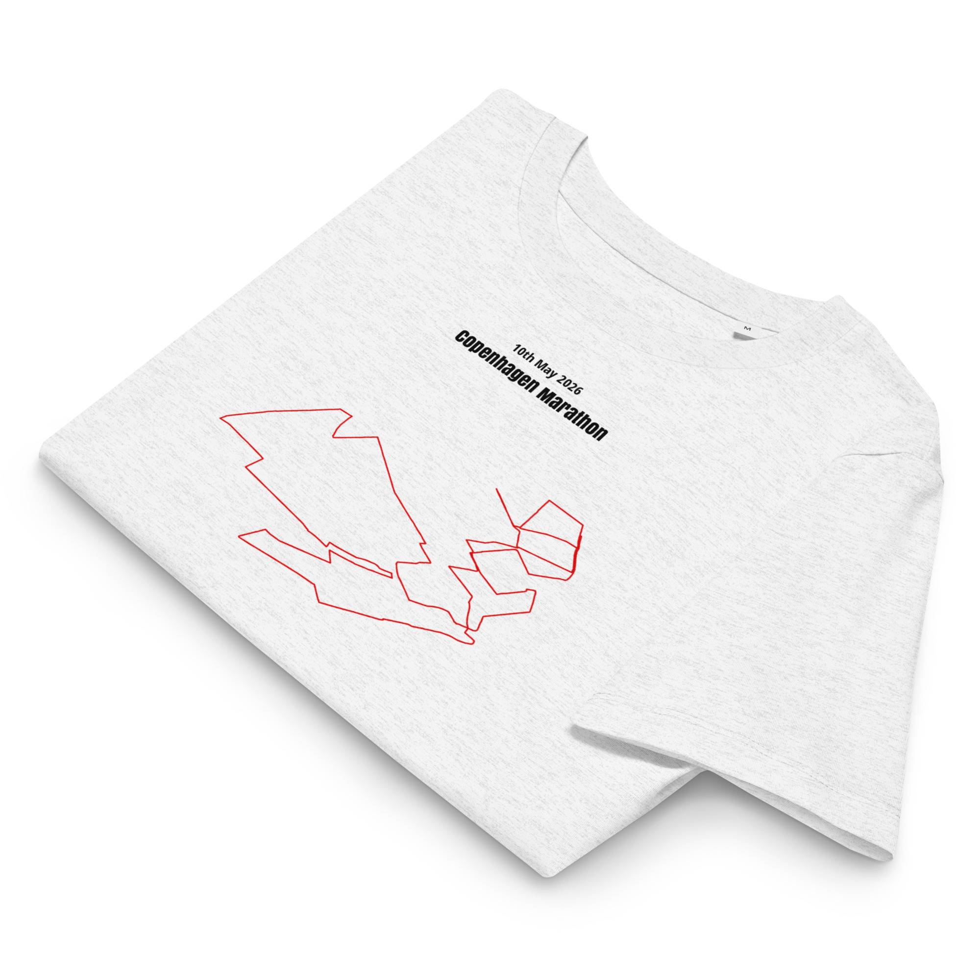 White t-shirt with red custom Strava route print and black text on a white background