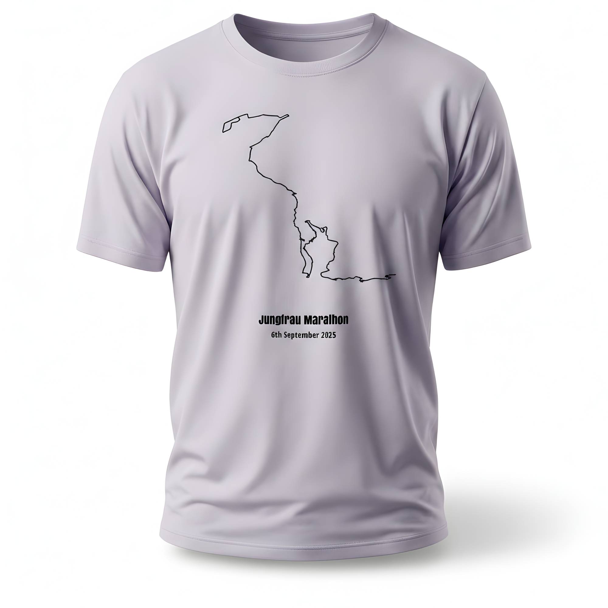 Light gray t-shirt with black custom Strava route print design and text on a white background