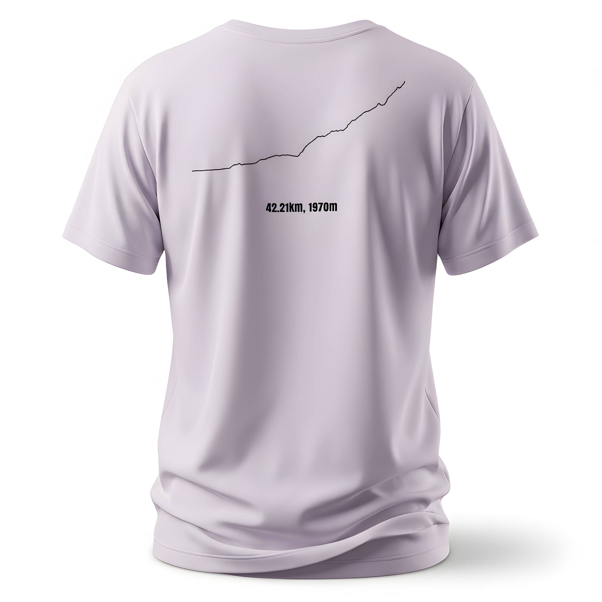 Light purple t-shirt with a black custom Strava route print and text on the back, on a white background