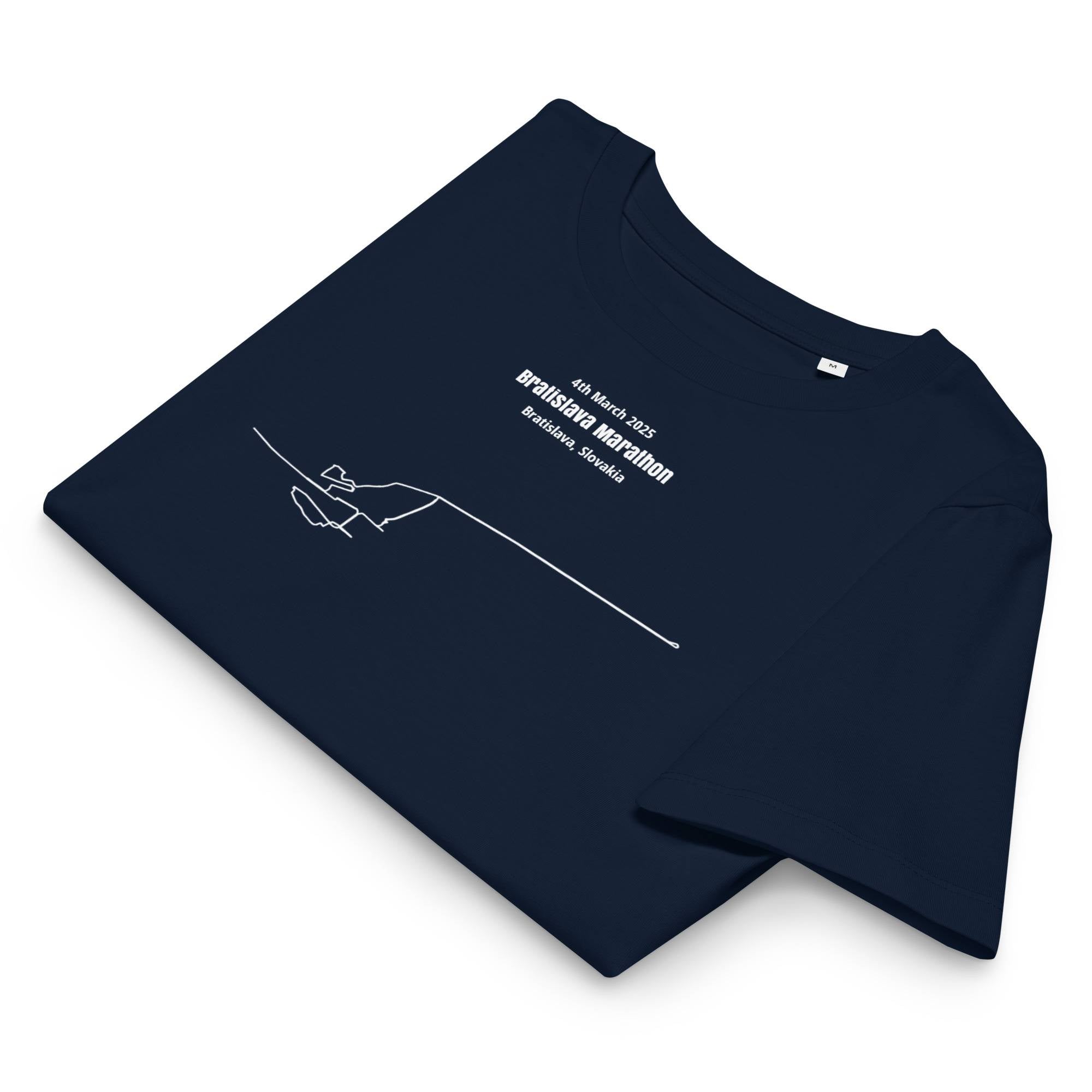 Folded navy blue t-shirt with white text and custom Strava route print design on a white background
