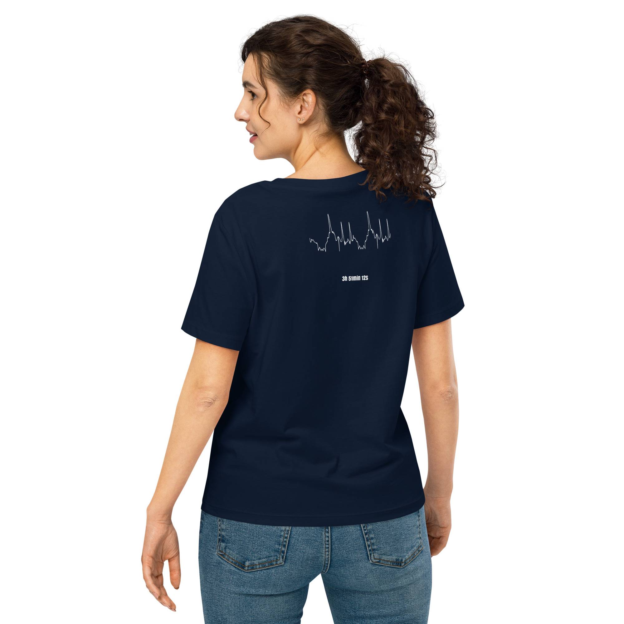 Woman wearing a navy blue t-shirt with a custom Strava route print design on the back, standing against a white background