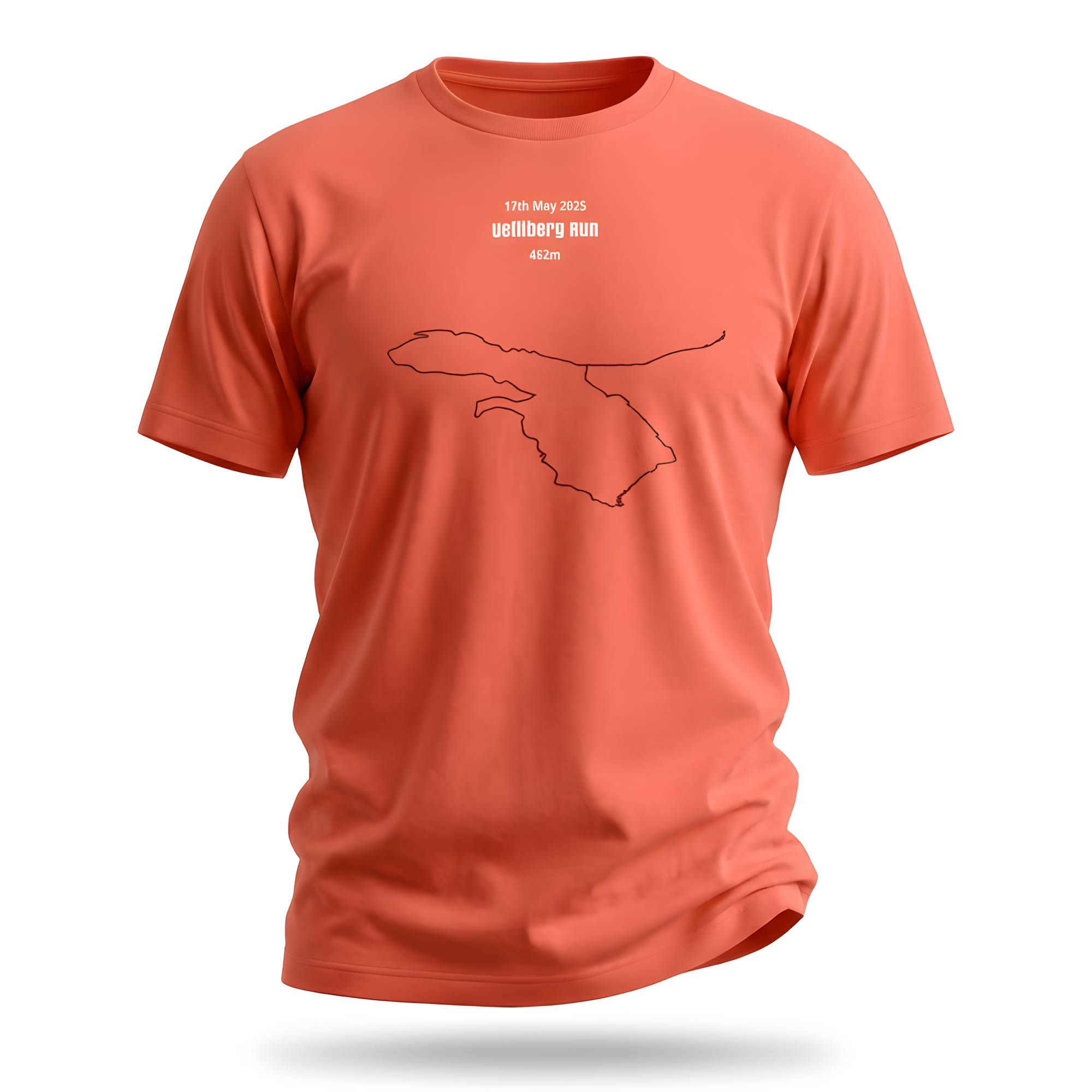 Orange t-shirt with a custom Strava route print design and text on a white background