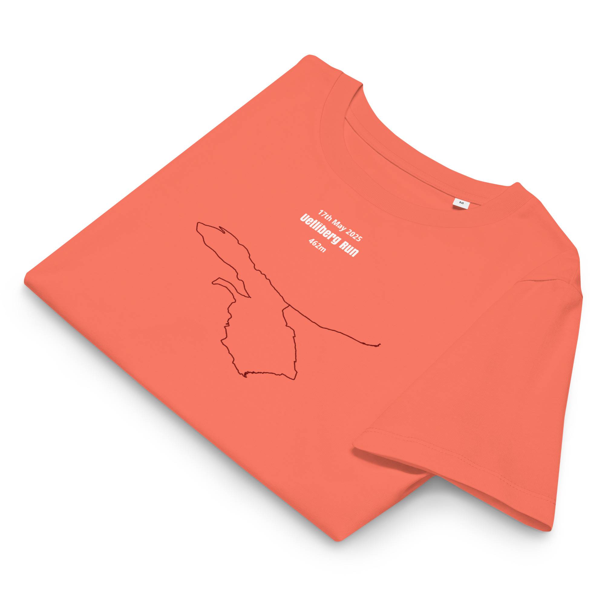 Orange t-shirt with a custom Strava route print design and text on a white background
