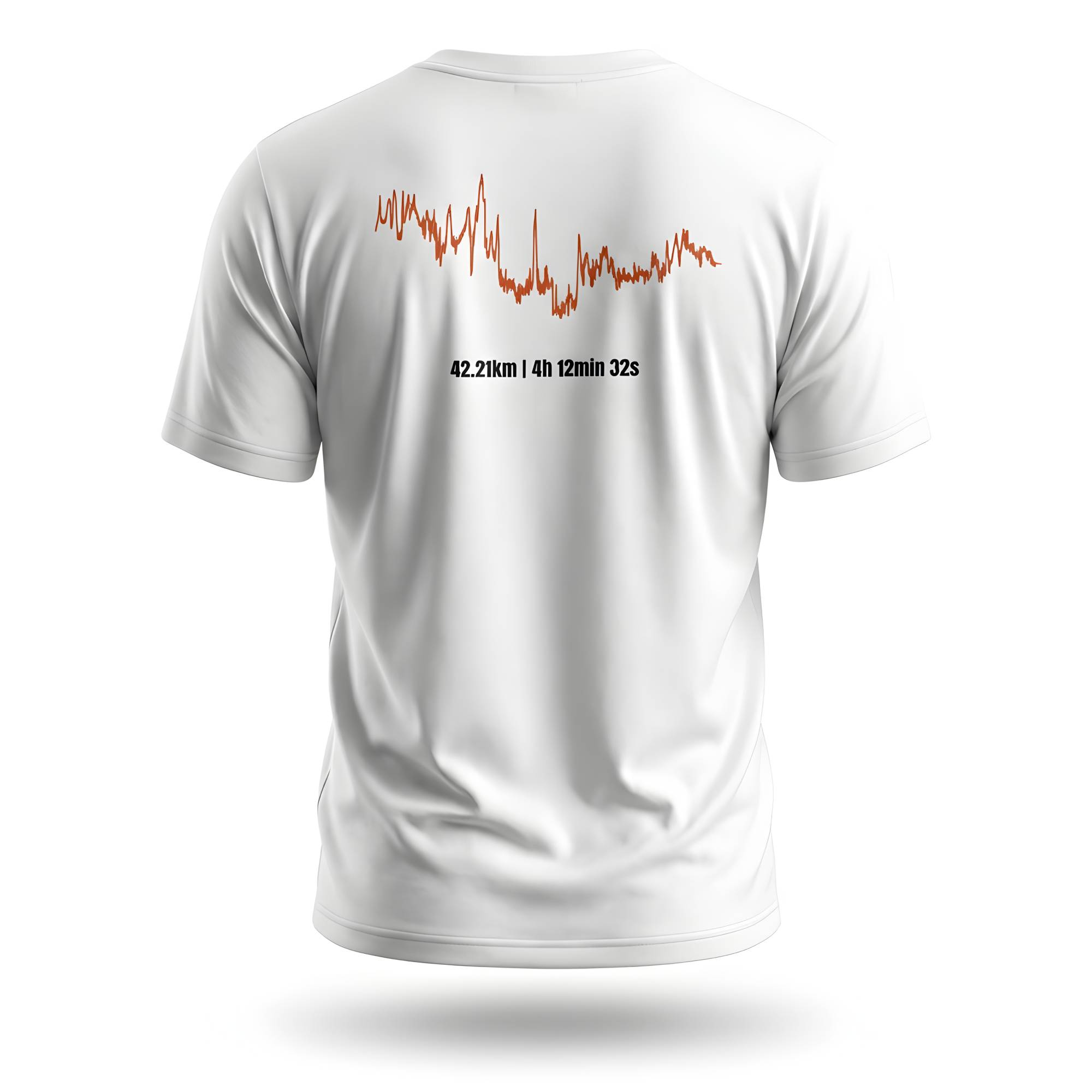 White t-shirt with red custom Strava route print and black text on the back against a white background