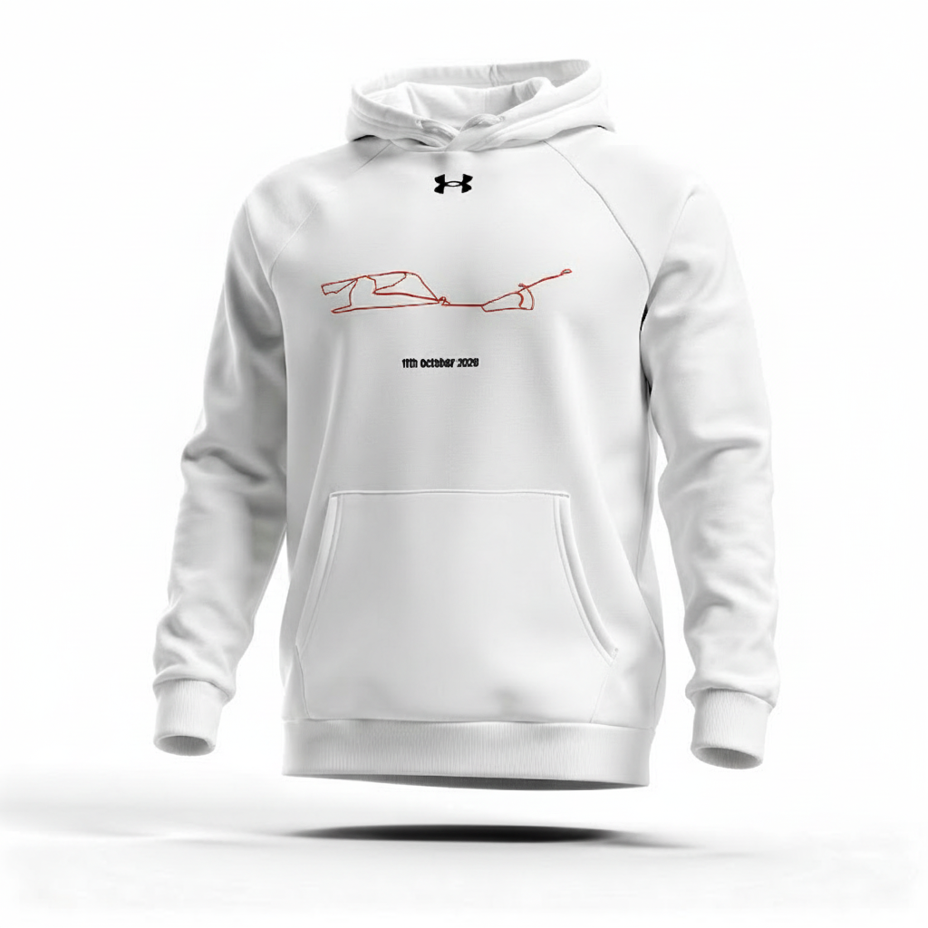 White hoodie with red and black graphics on a white background
