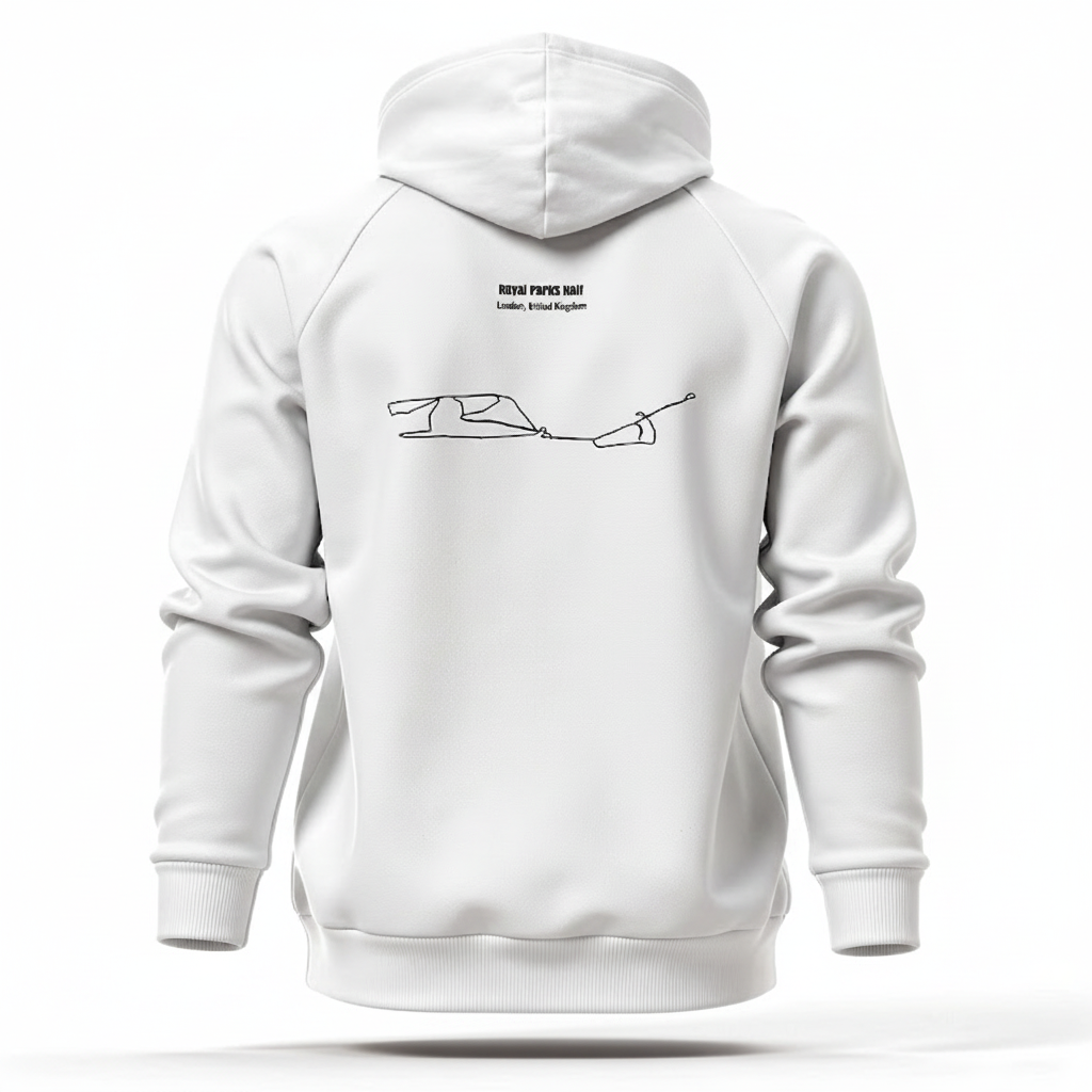 White hoodie with a graphic design on the back against a white background