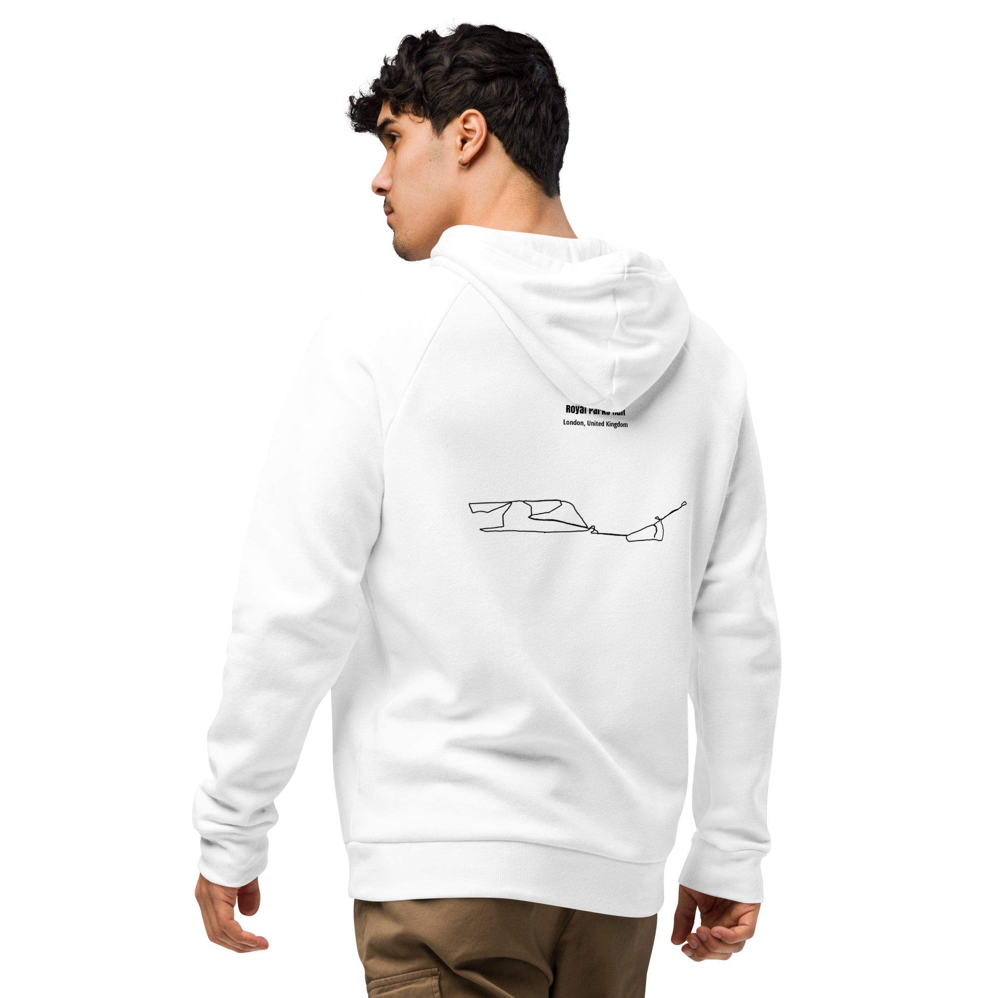 Person wearing a white hoodie with a graphic design on the back, standing against a white background