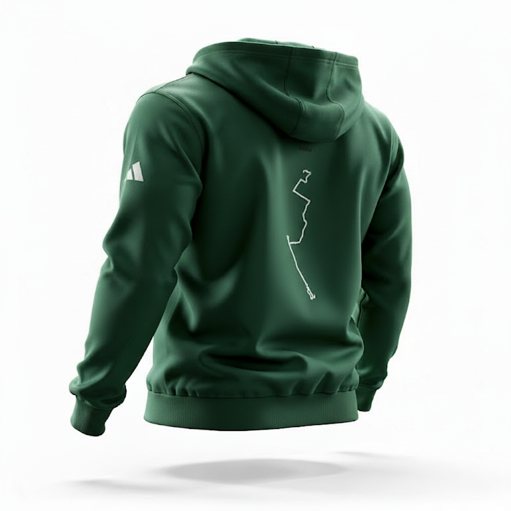 Green hoodie with a white custom Strava route print art on the back against a white background
