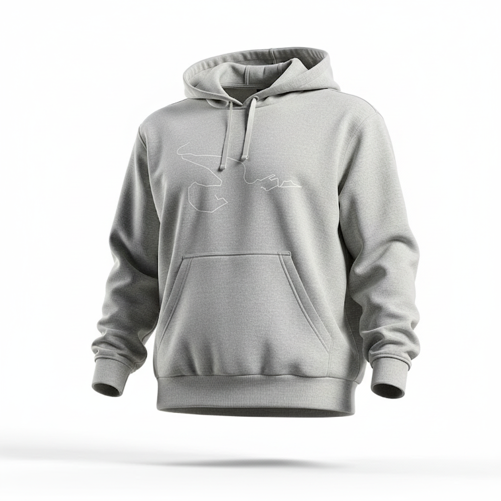 Gray hoodie with a custom Strava route print art design on a white background
