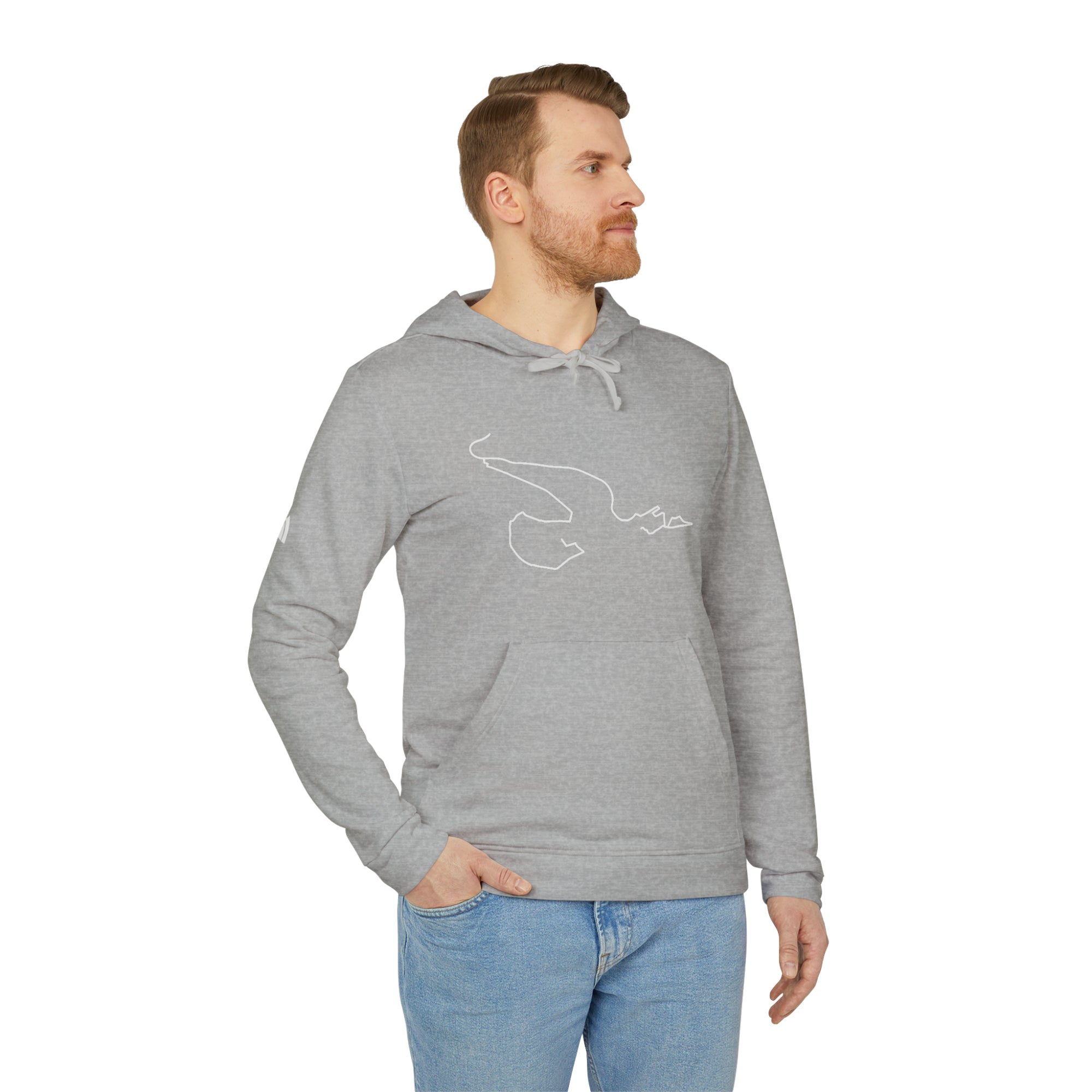 Man wearing a gray hoodie with a white custom Strava route print art on a white background