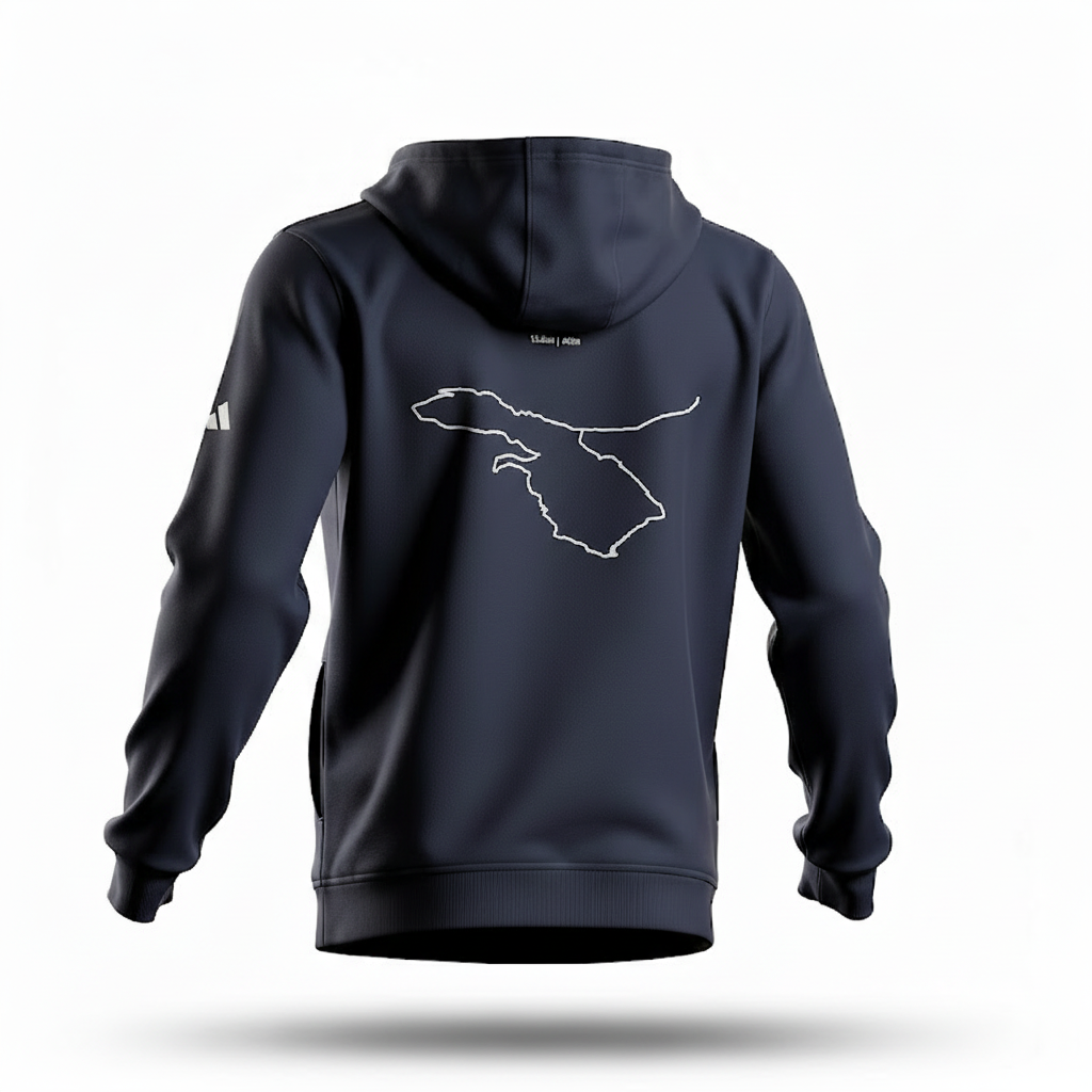 Navy blue hoodie with a white custom Strava route print art on the back against a white background