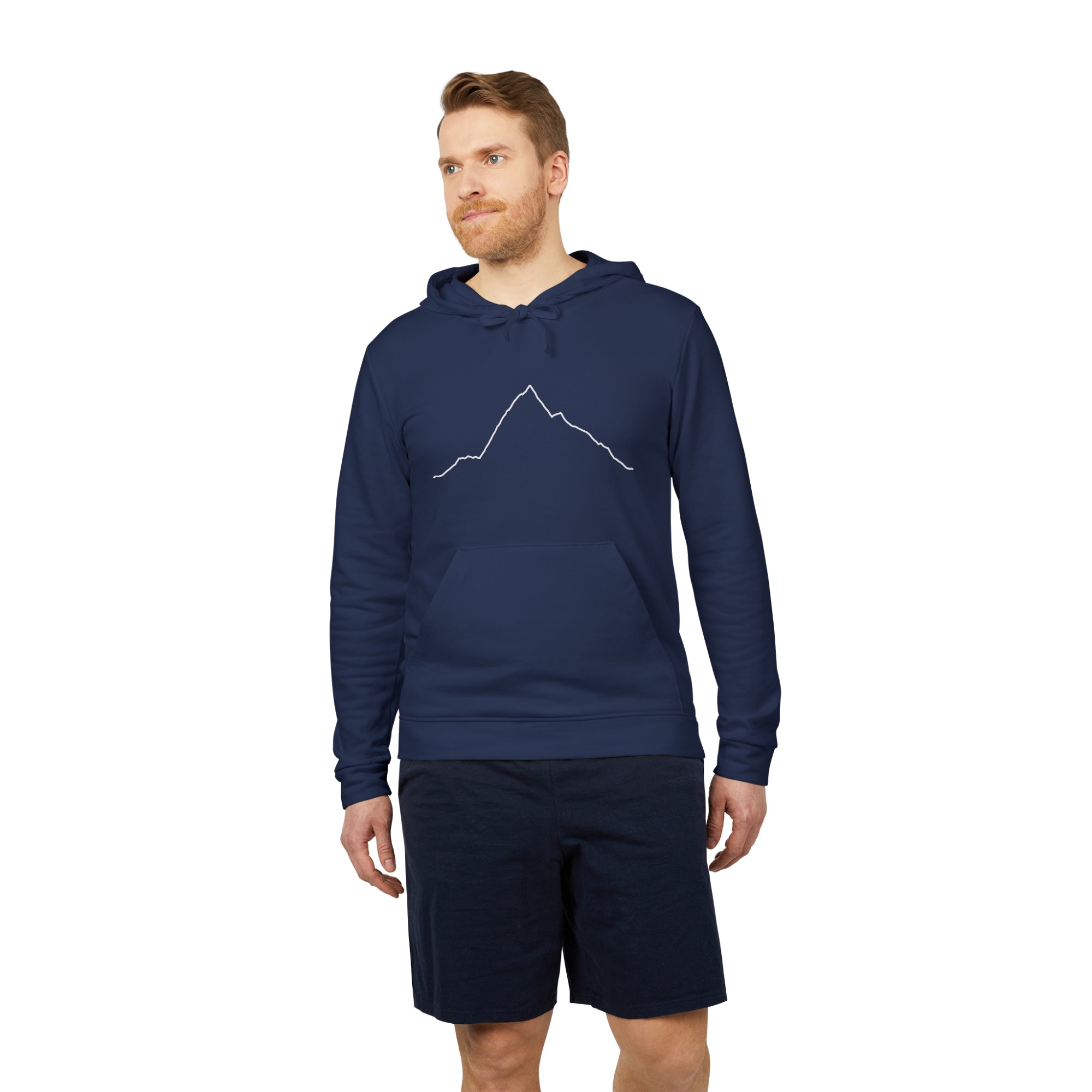 Man wearing a navy blue hoodie and shorts with custom Strava route print art design on a white background