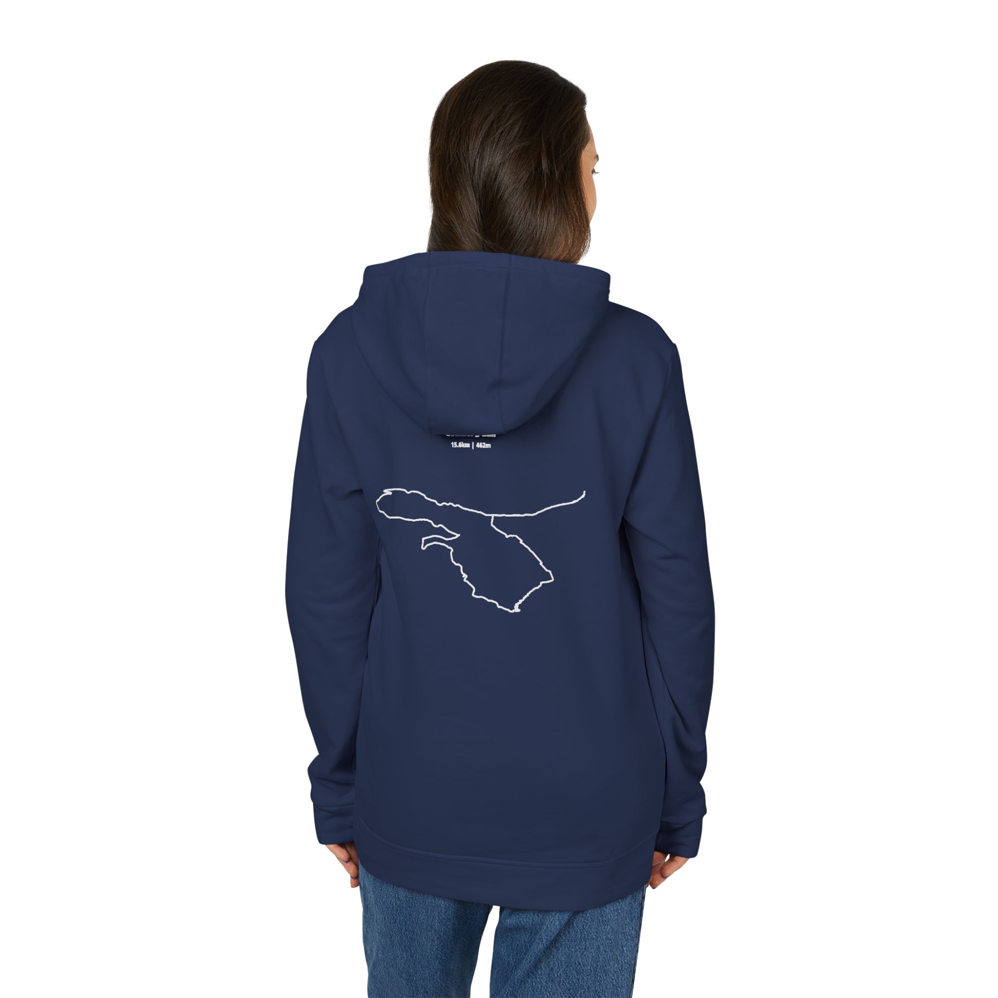 Person wearing a navy blue hoodie with a white custom Strava route print art on the back, on a white background