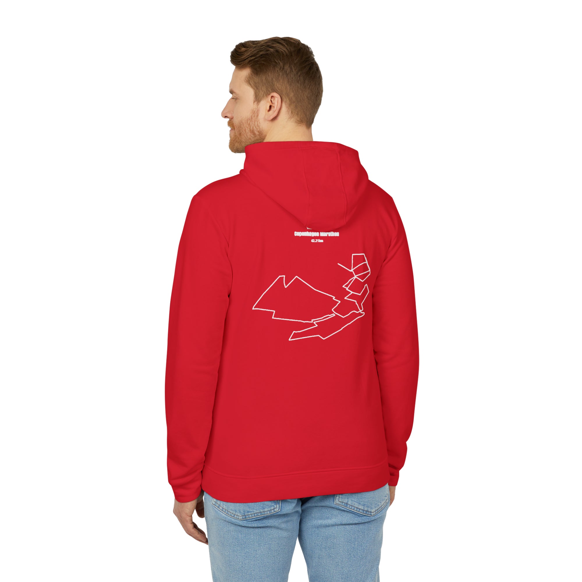 Person wearing a red hoodie with a white custom Strava route print art on the back, standing against a white background