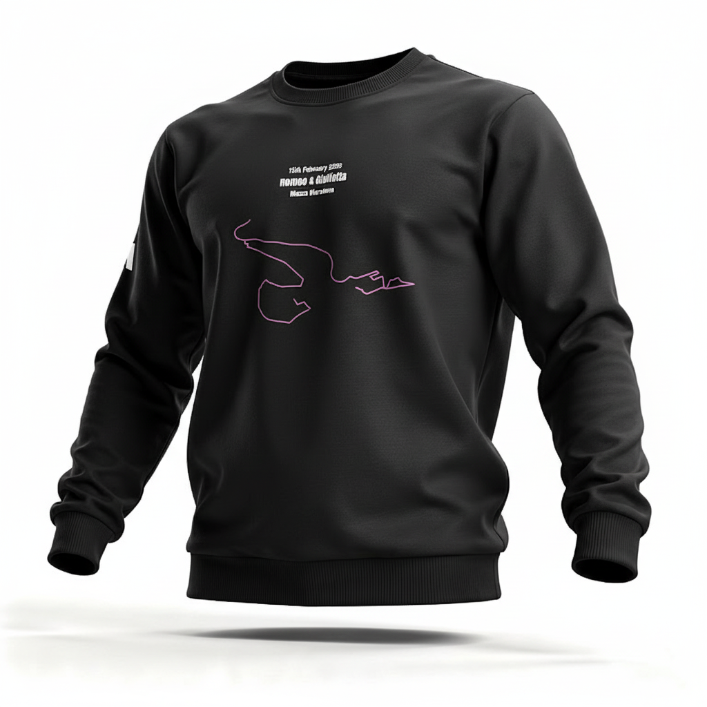Black sweatshirt with pink custom Strava route print art design on a white background