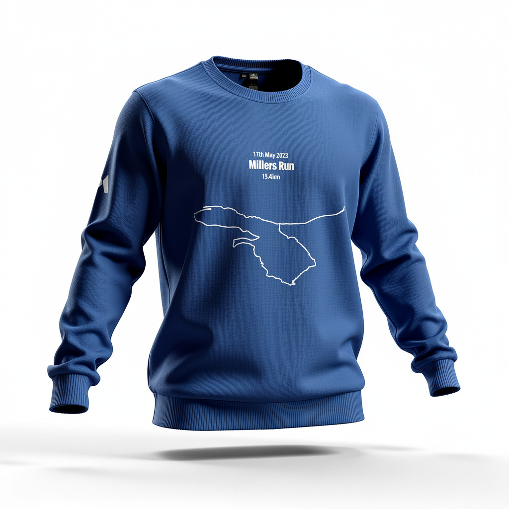 Blue sweatshirt with white text and custom Strava route print art design on a white background