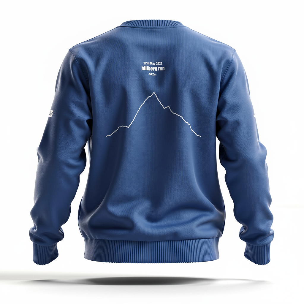 Blue bomber jacket with custom Strava route print art design on the back against a white background