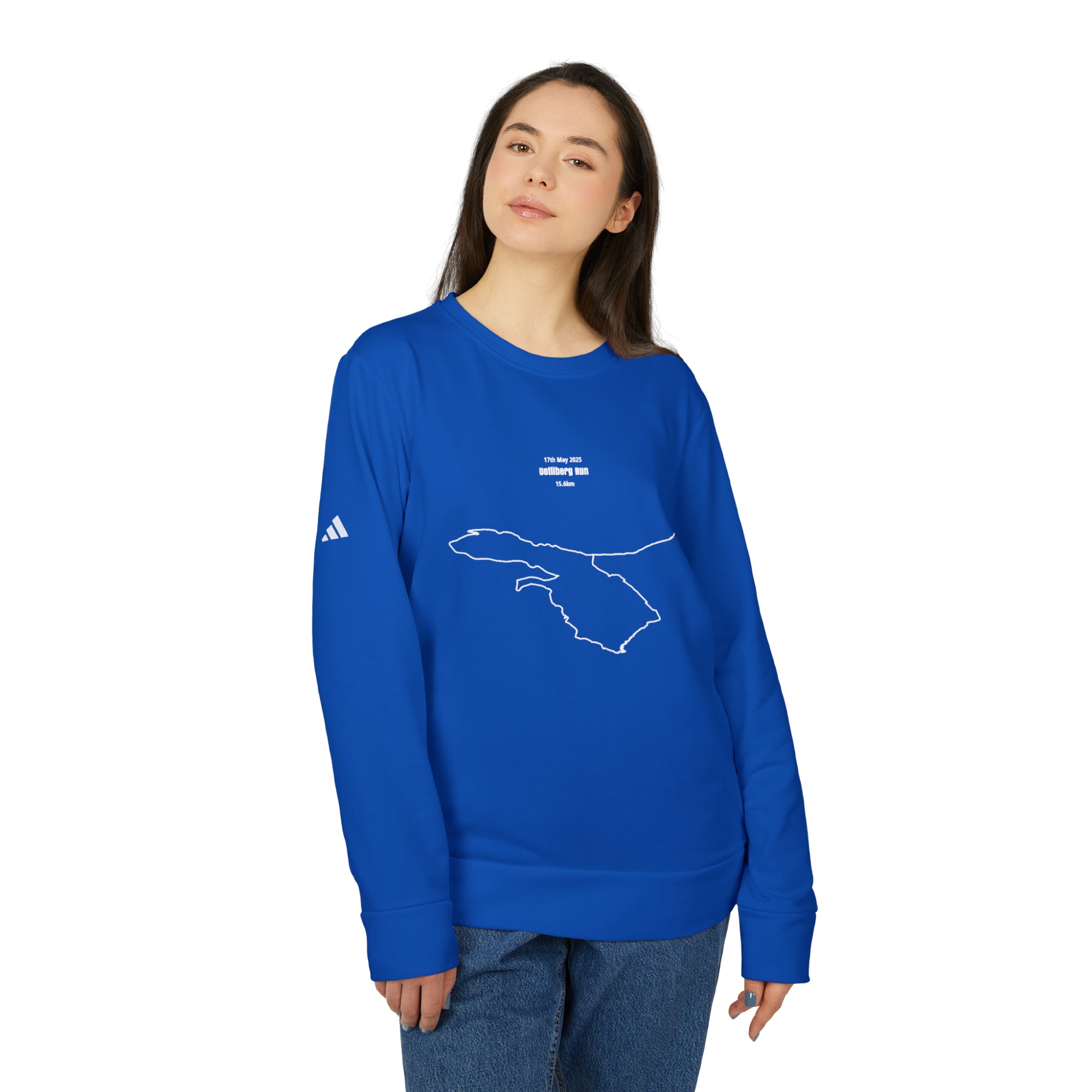 Person wearing a blue long-sleeve shirt with a white custom Strava route print art on a white background