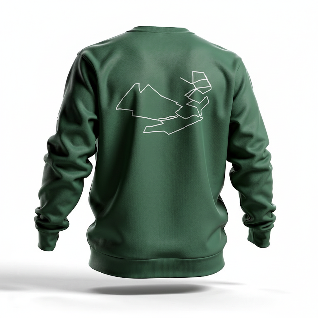 Green sweatshirt with a white custom Strava route print art design on the back against a white background