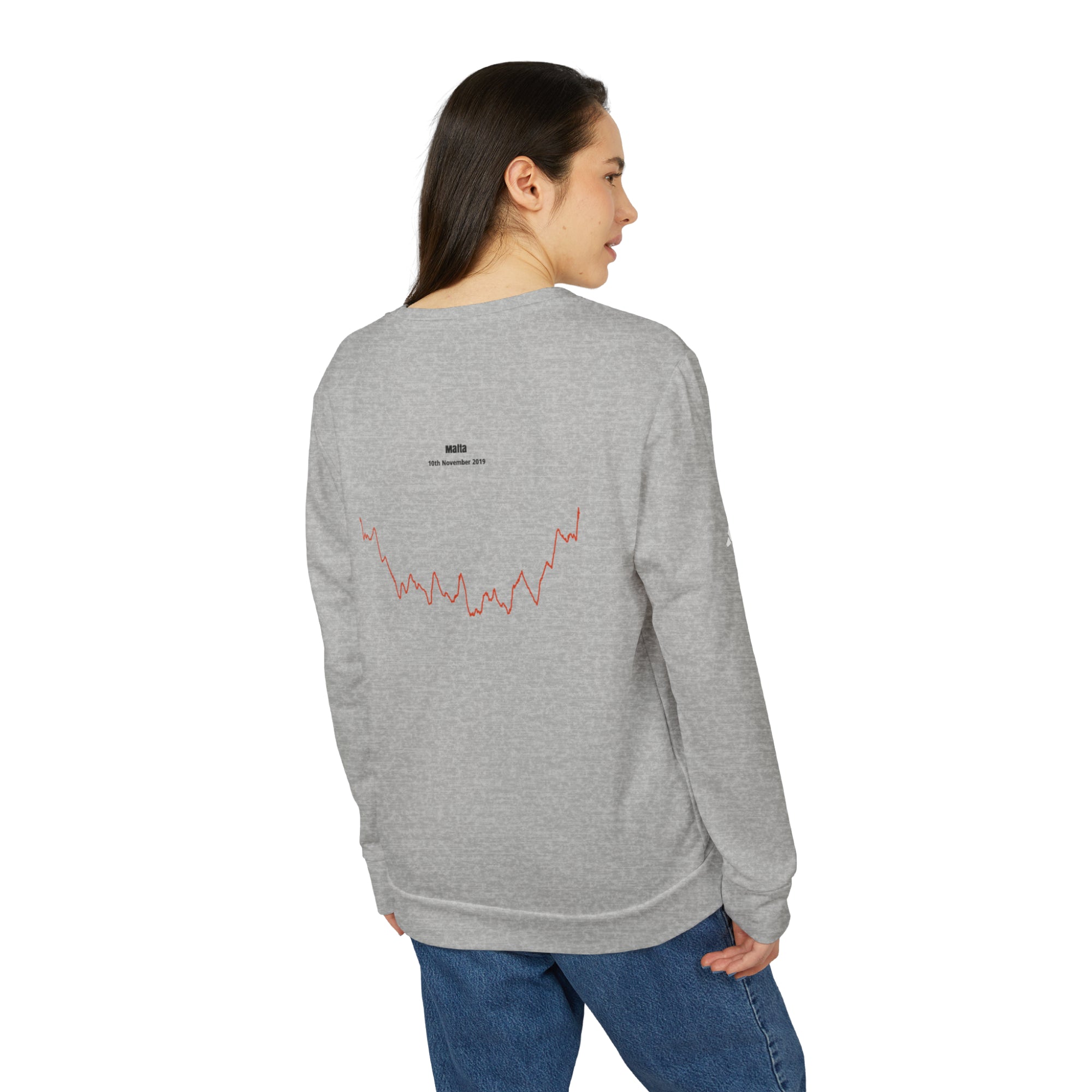 Person wearing a gray sweatshirt with a red custom Strava route print art design on the back, standing against a white background