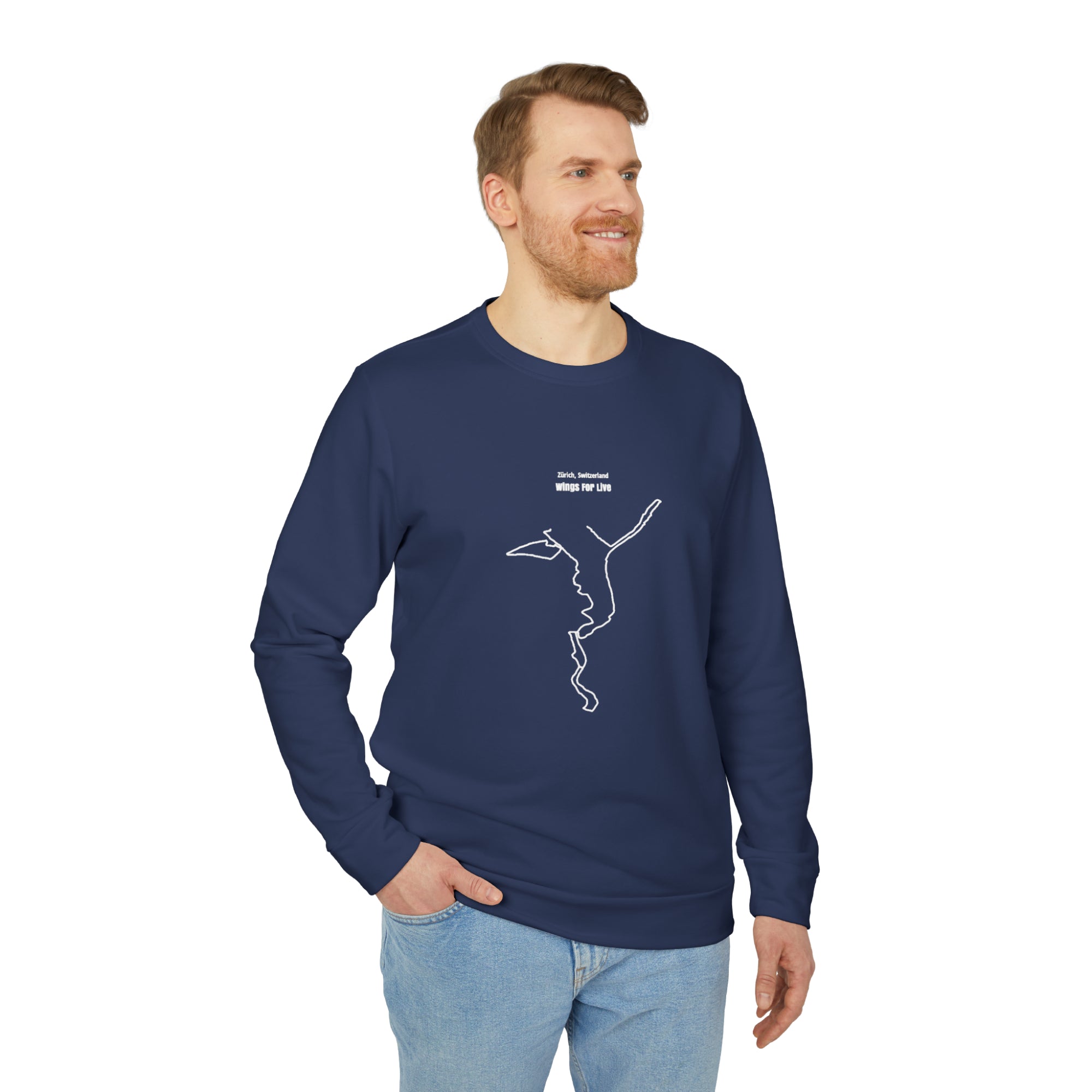 Man wearing a navy blue long-sleeve shirt with a white custom Strava route print art design on a white background