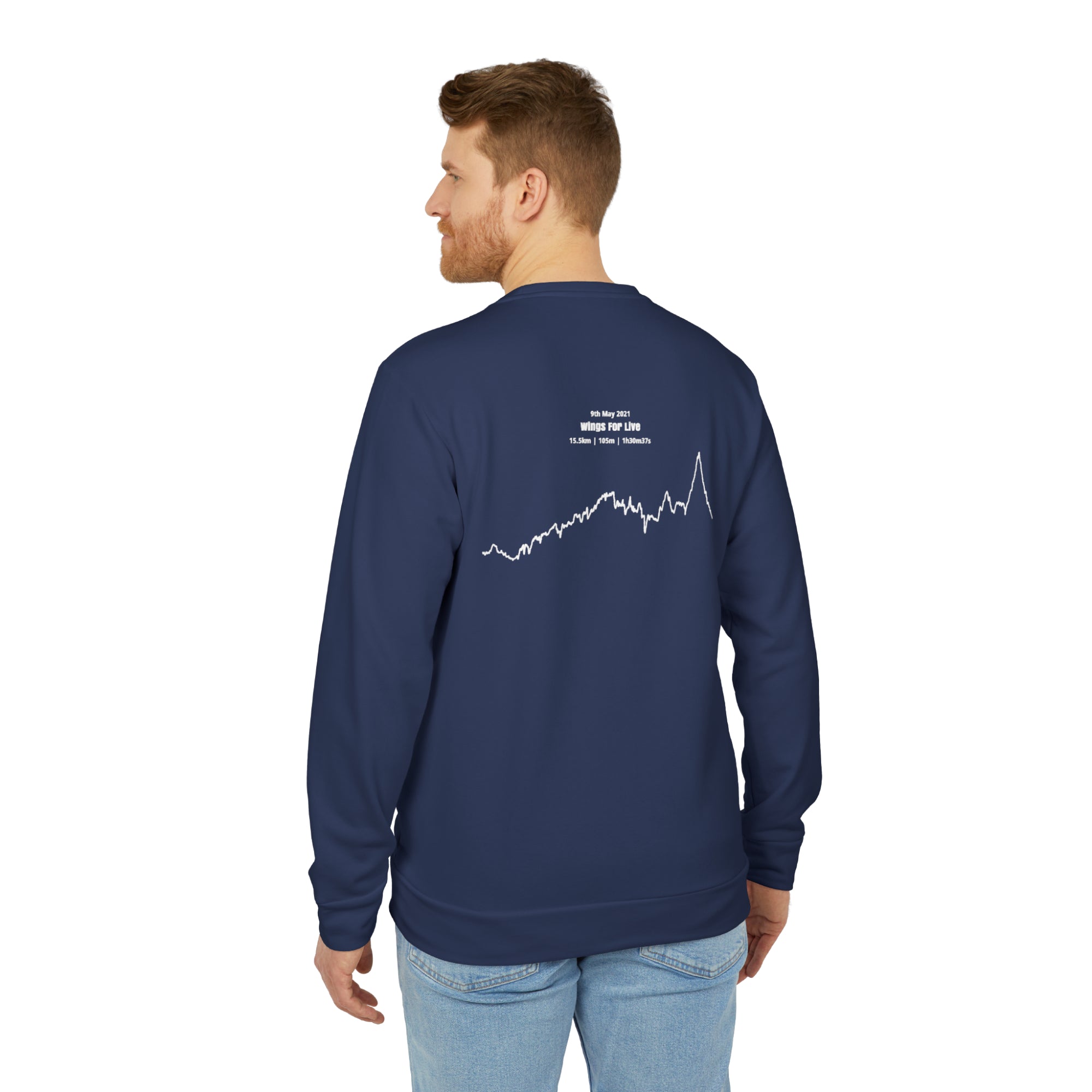 Man wearing a navy blue sweatshirt with a white custom Strava route print art on the back, standing against a white background