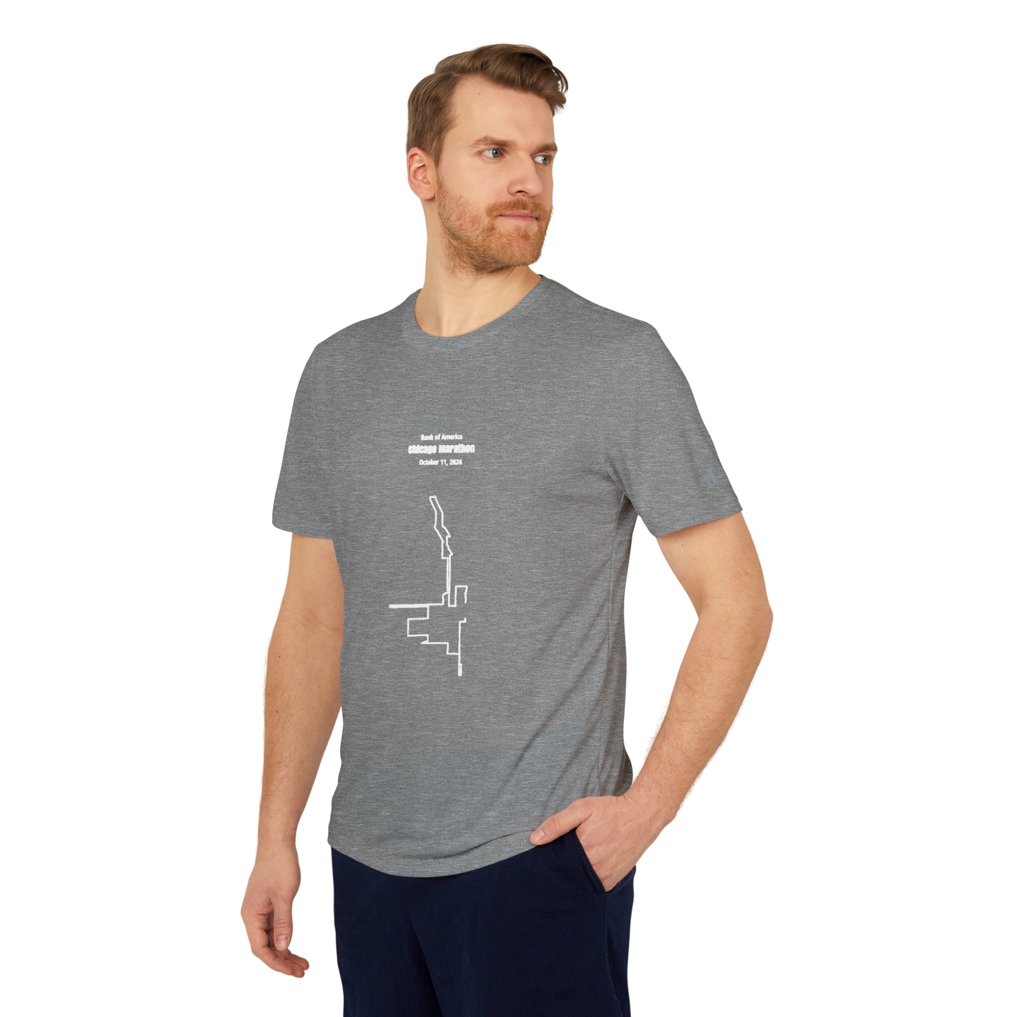 Man wearing a gray t-shirt with a white custom Strava route print art design on a white background