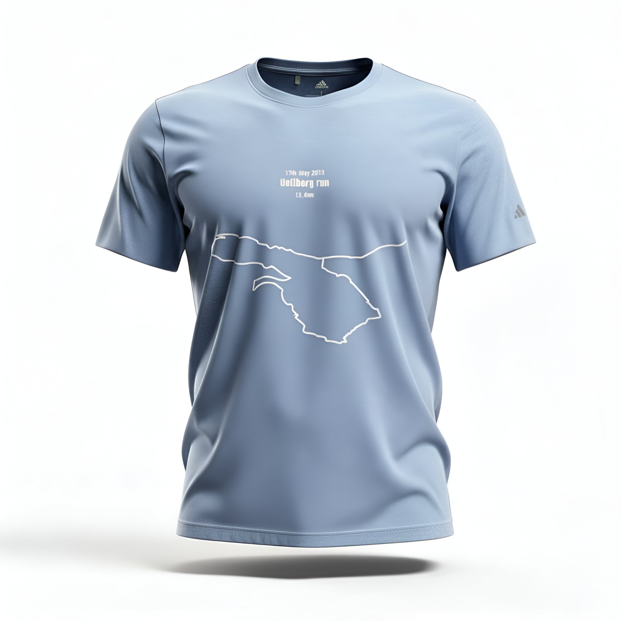 Light blue t-shirt with a custom Strava route print art design and Adidas logo on a white background