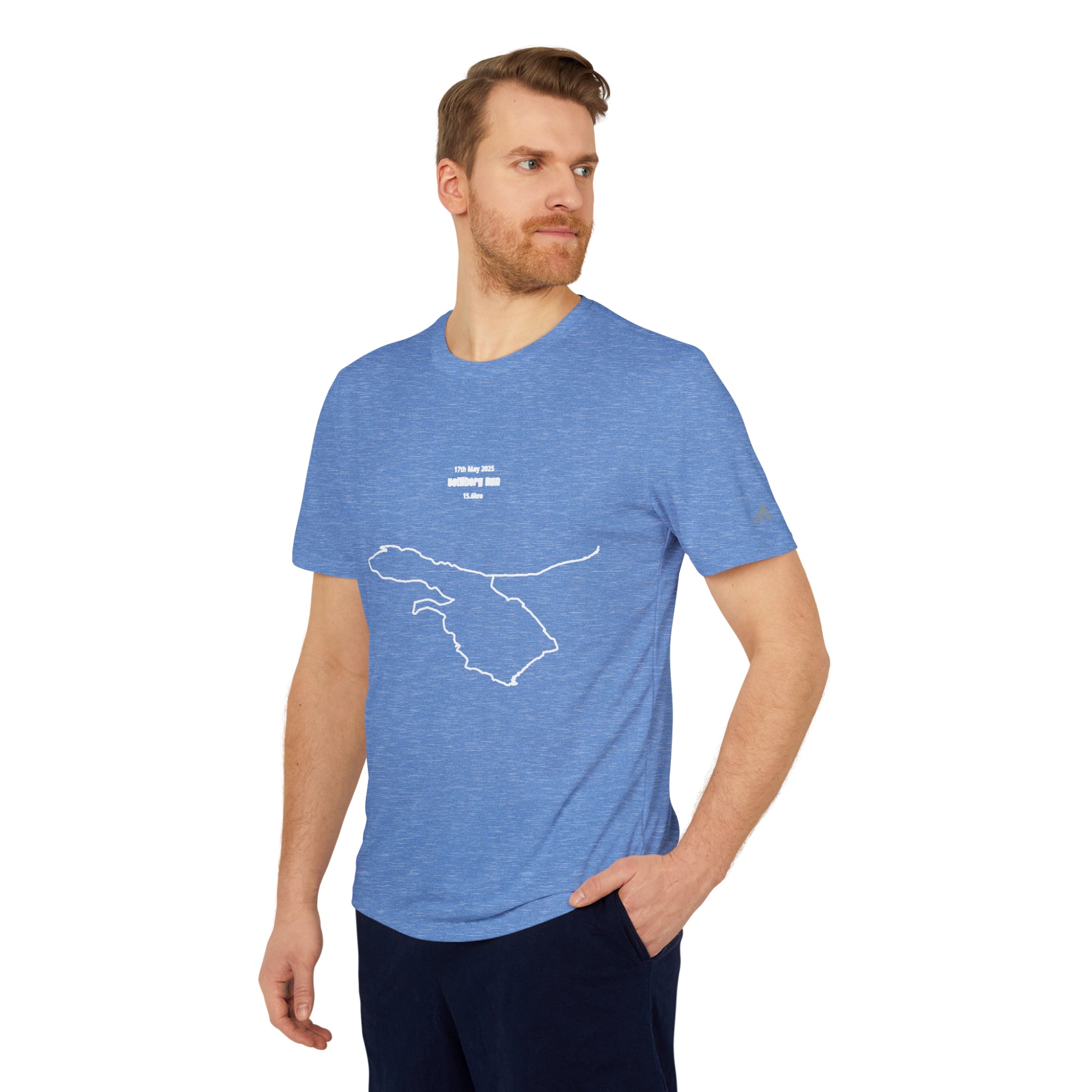 Man wearing a blue t-shirt with a white custom Strava route print art on a white background