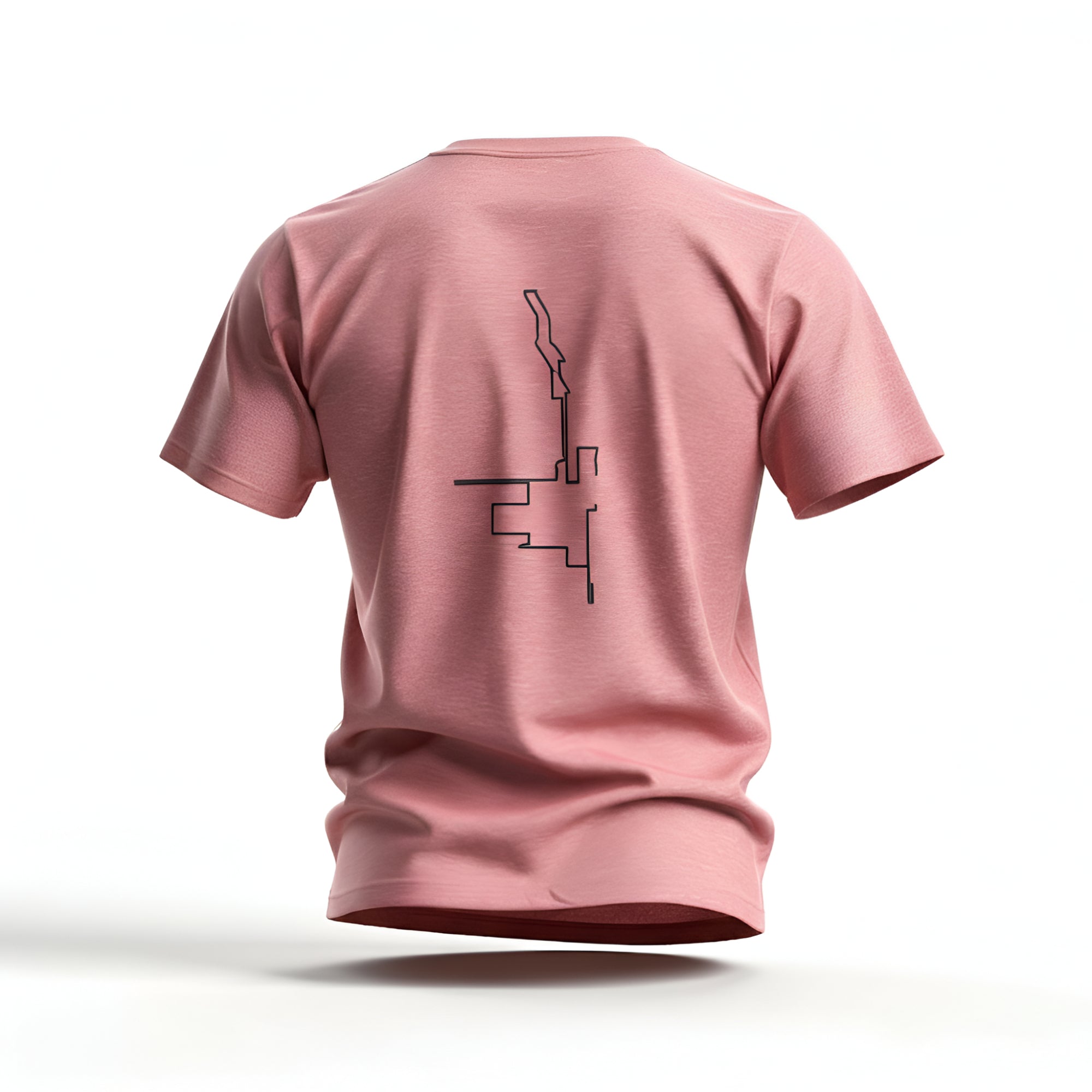 Pink t-shirt with a black custom Strava route print art design on the back against a white background