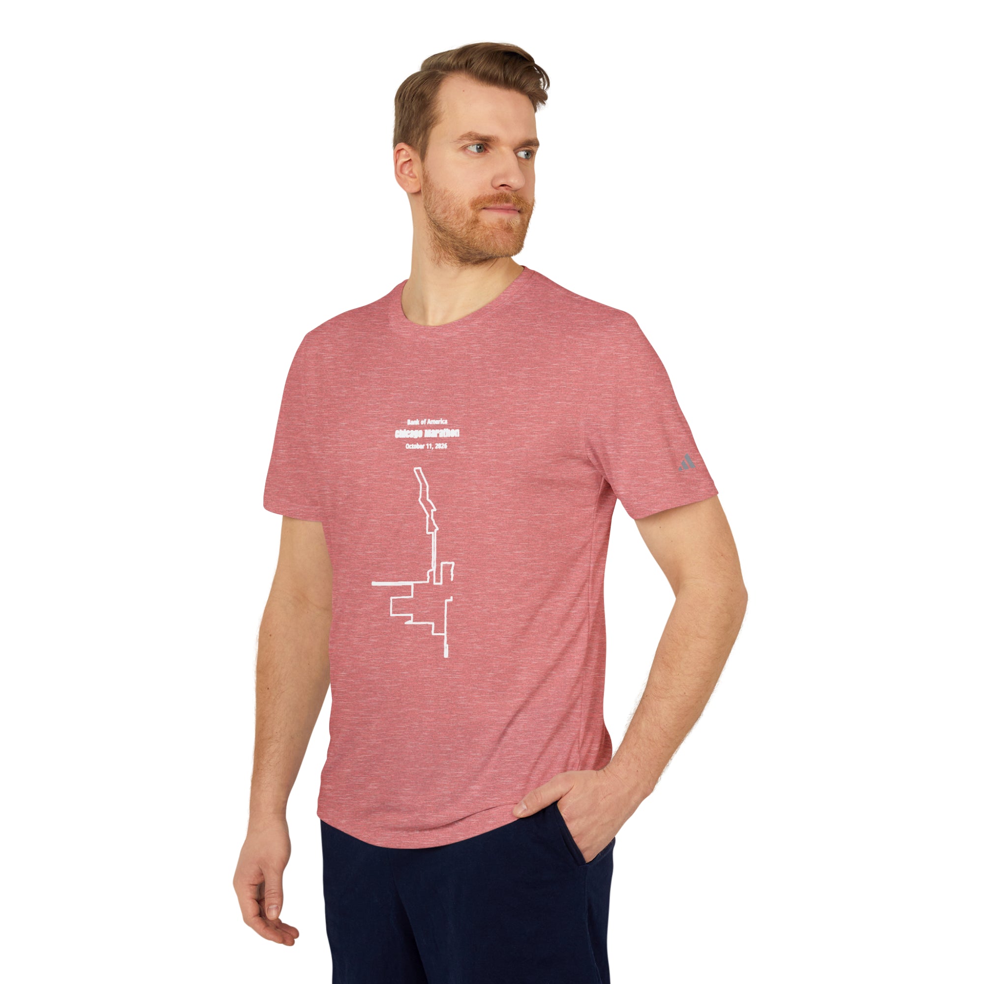 Man wearing a red t-shirt with a white custom Strava route print art on a white background