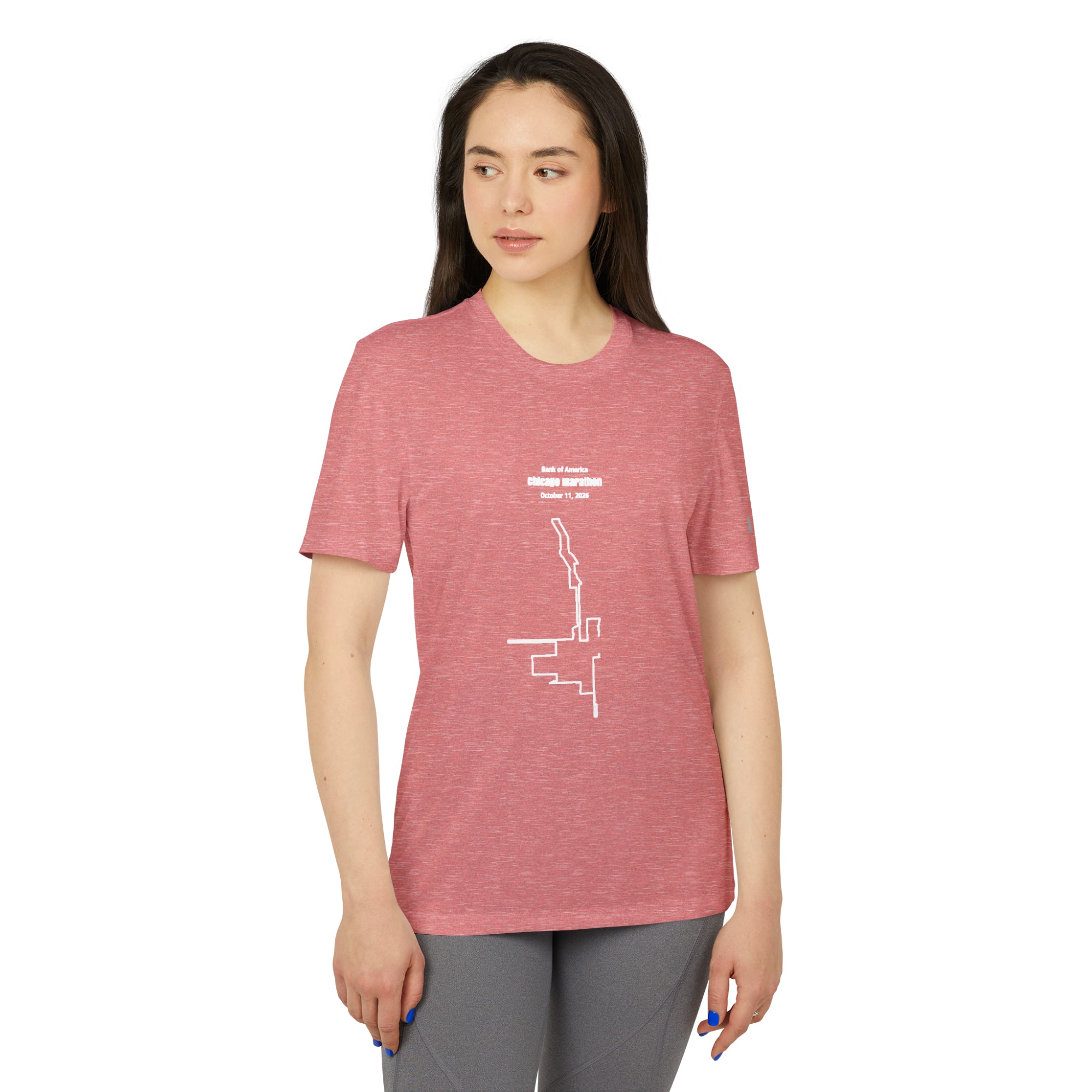 Woman wearing a red t-shirt with a white custom Strava route print art design on a white background